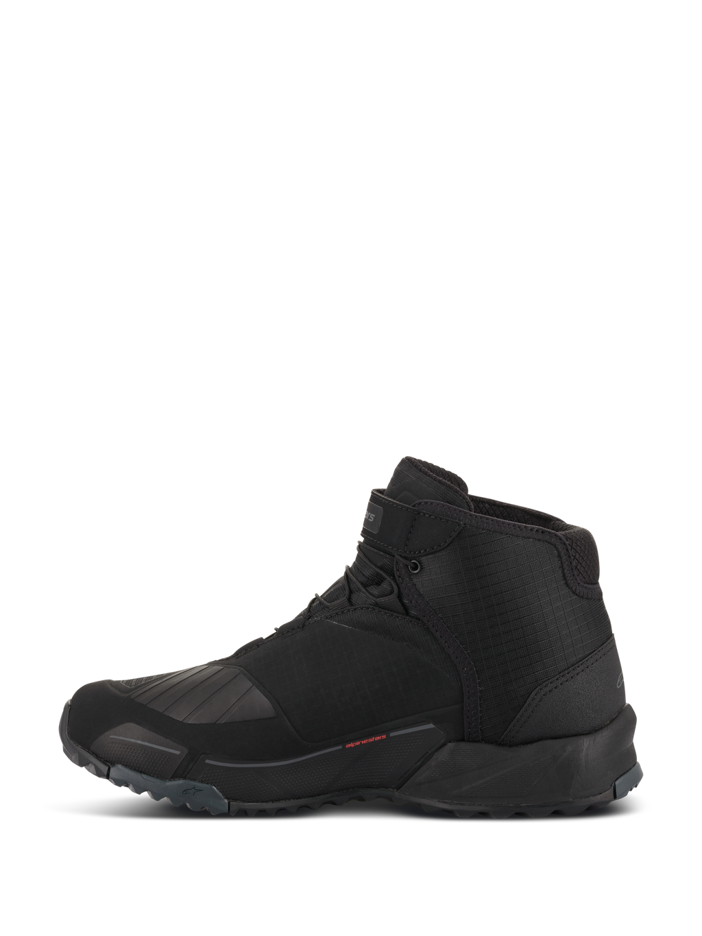 Alpinestars CR-X Drystar Riding Shoes, Motorcycle Riding Shoes, Black, side profile view, high-top design with running shoe silhouette, featuring reinforced TPU gear shift zone, lugged outsole for grip, and waterproof construction for urban and road riding.