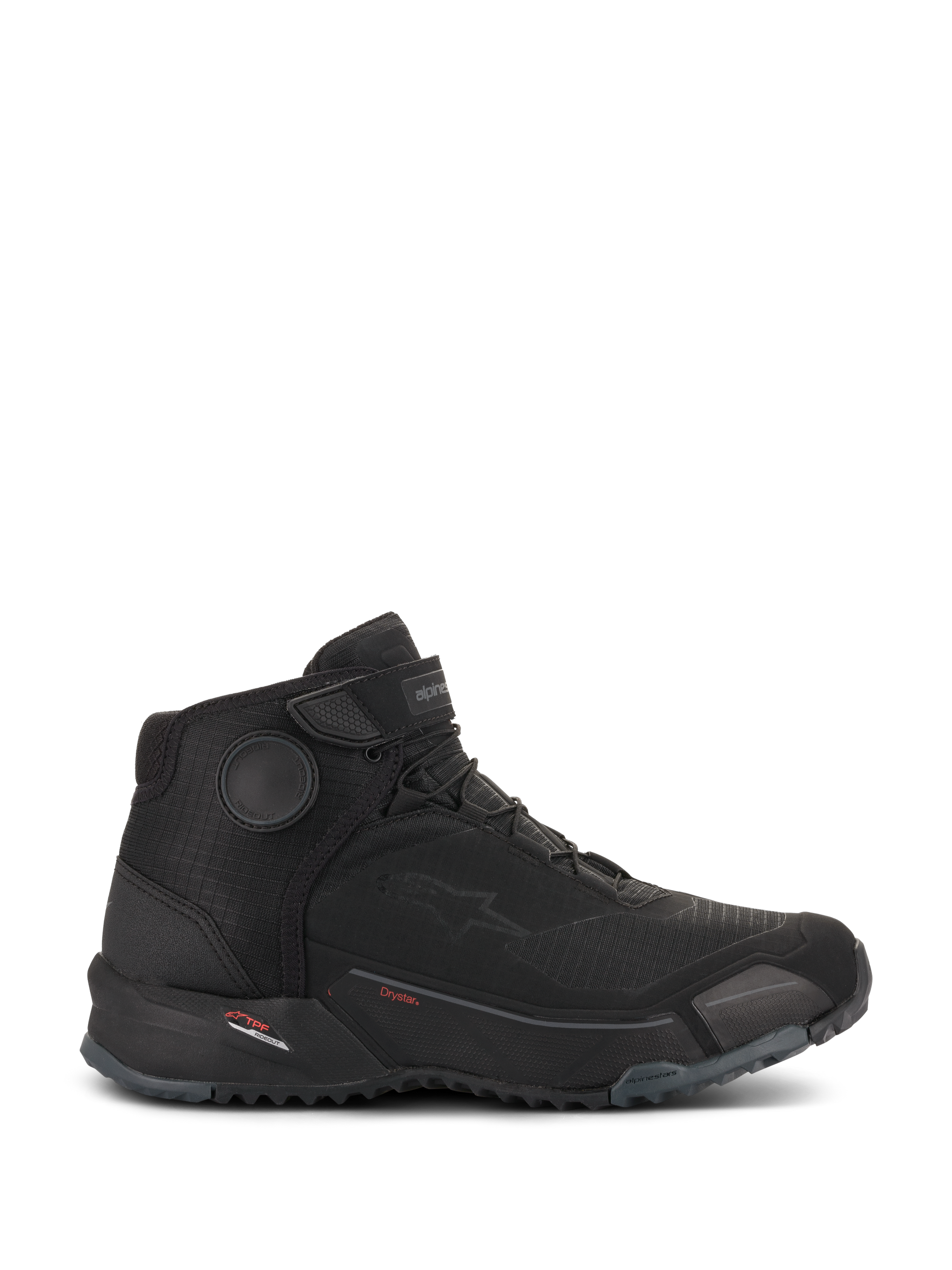 Alpinestars CR-X Drystar® Riding Shoes, zapatillas de moto, negro, vista de perfil lateral, diseño elegante inspirado en zapatillas con una suela robusta, con marca Drystar y discos protectores en el tobillo