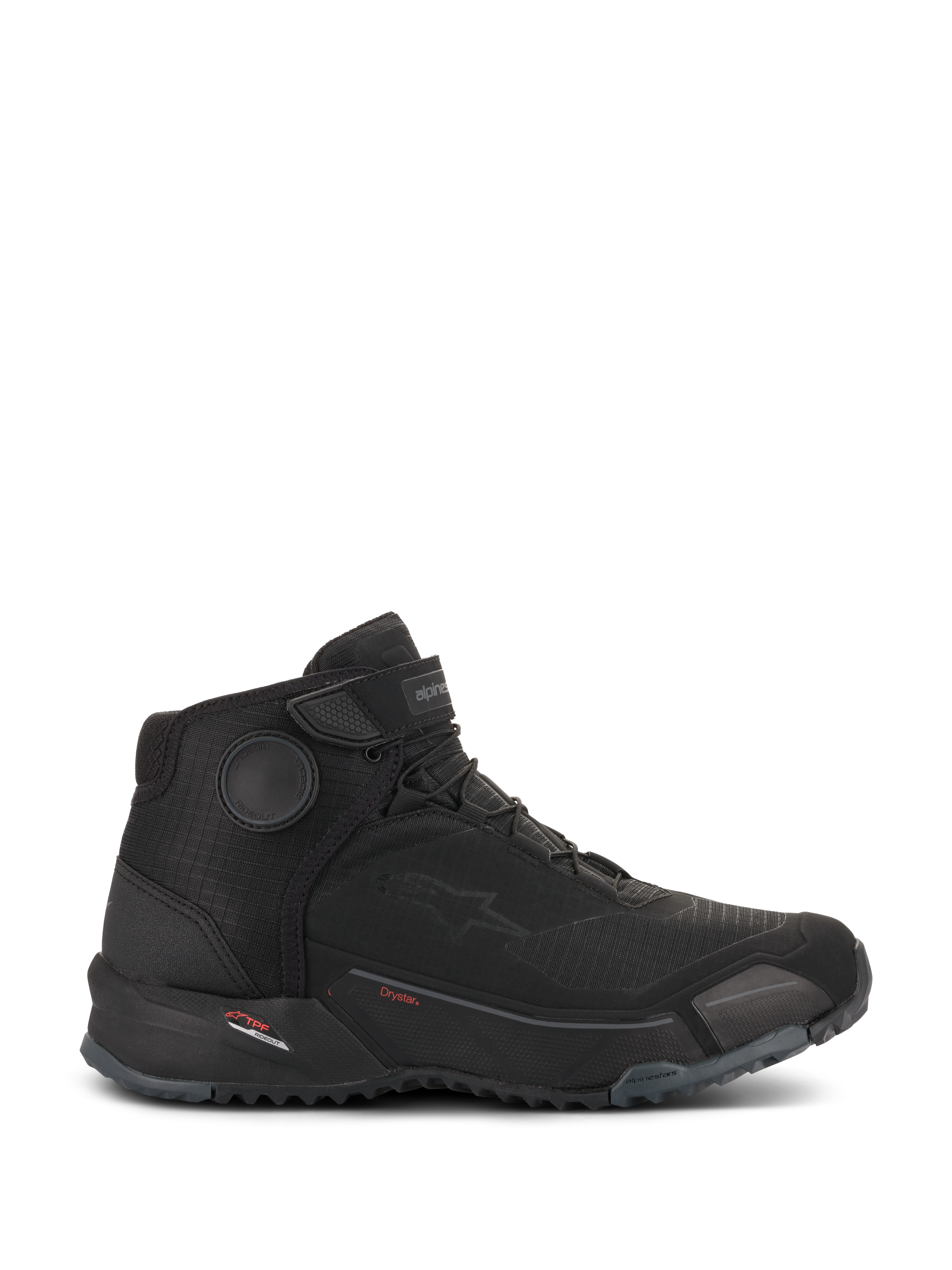 Alpinestars CR-X Drystar® Riding Shoes, Motorcycle Riding Shoes, Black, side profile view, sleek sneaker-inspired design with a rugged outsole, featuring Drystar branding and protective ankle discs