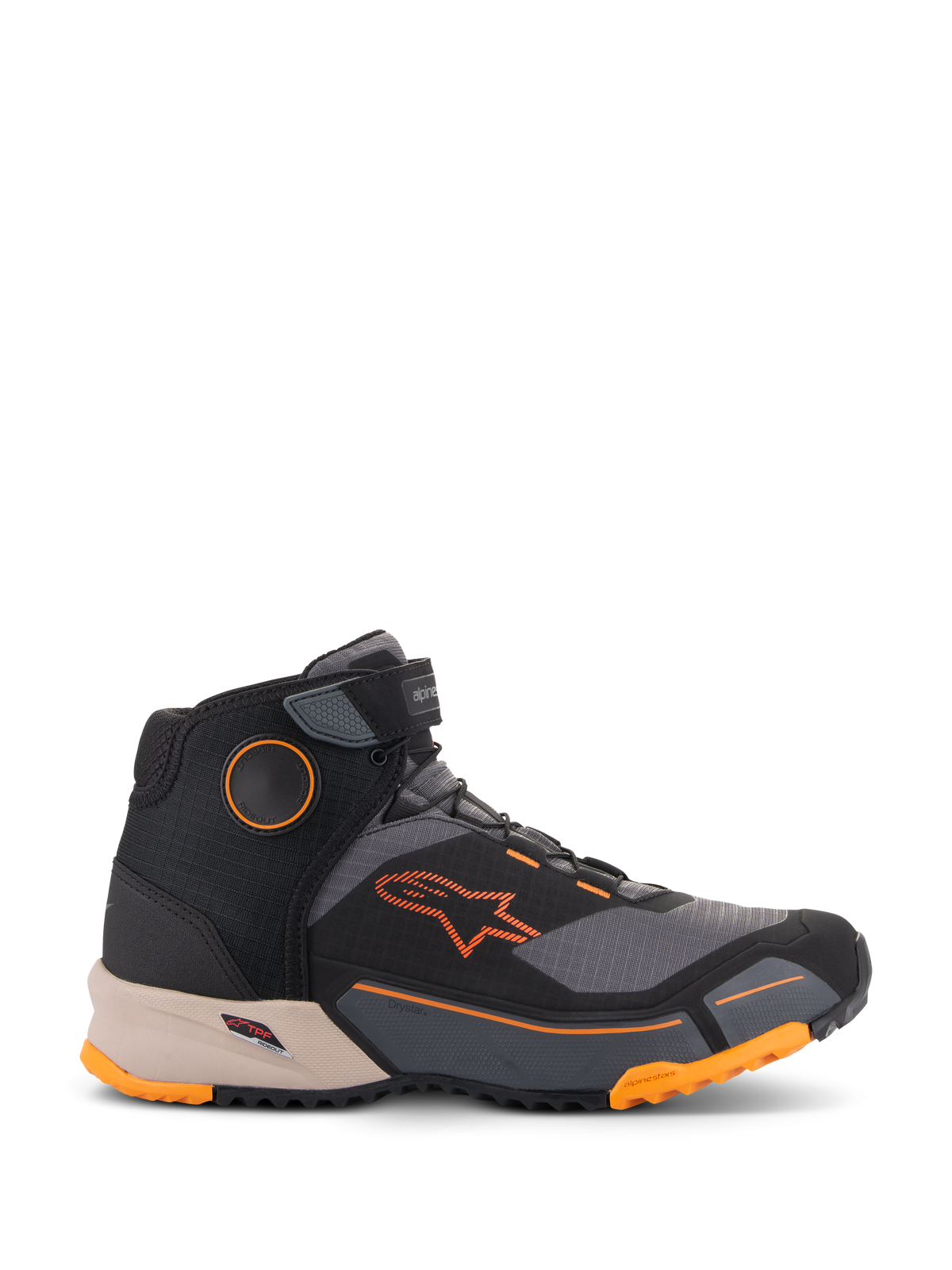Zapatillas Alpinestars CR-X Drystar®, calzado urbano de moto en negro, gris y naranja con entresuela marrón claro, diseño de caña alta con correa de velcro en el tobillo, logotipo naranja brillante y suela robusta con detalles naranjas