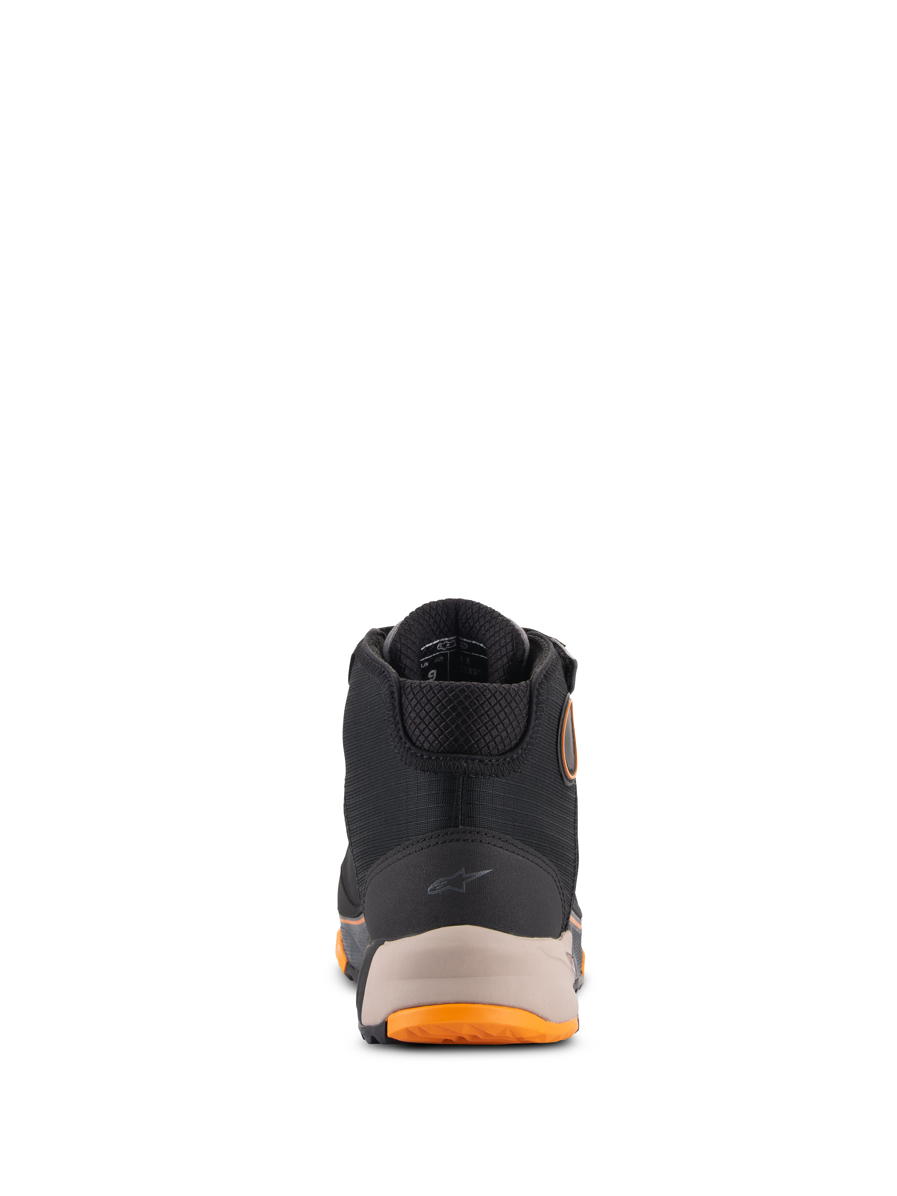 Alpinestars CR-X Drystar® Riding Shoes, Motorcycle Riding Shoes, Black Light Brown and Orange, rear view featuring the reinforced heel with a small Alpinestars logo, padded collar, and orange sole accents, waterproof riding footwear.