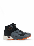 Alpinestars CR-X Drystar Riding Shoes, Motorcycle Riding Shoes, Black Dark Gray and Rust, featuring a high-top design with Velcro ankle strap, waterproof Drystar membrane, white midsole, and bright orange rugged outsole