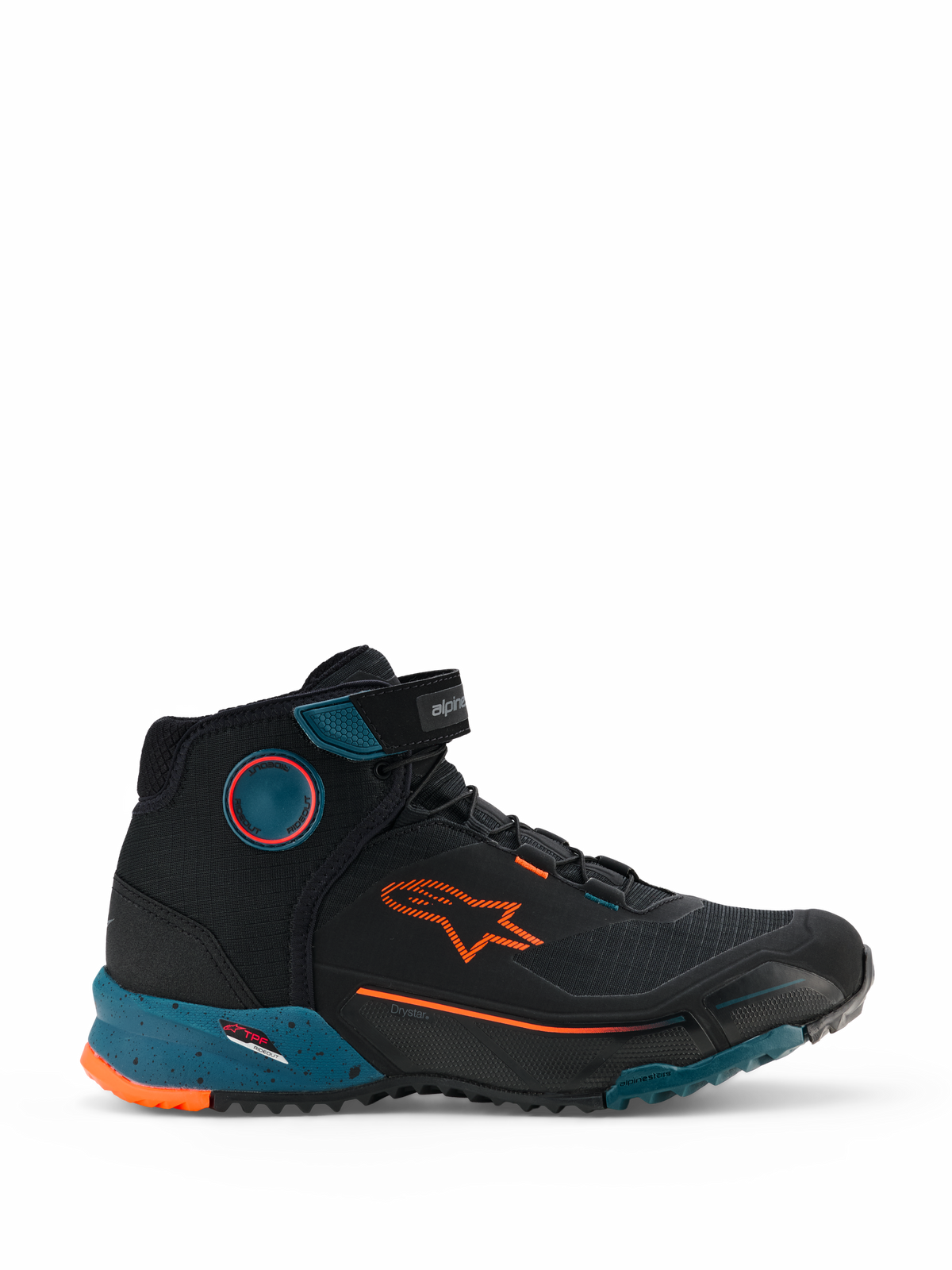 Alpinestars CR-X Drystar Riding Shoes, zapatillas de moto para conducción urbana, negro, petróleo y naranja flúor, diseño estilo zapatilla de caña alta con el logotipo naranja de Alpinestars, entresuela moteada en color petróleo y construcción impermeable y robusta.