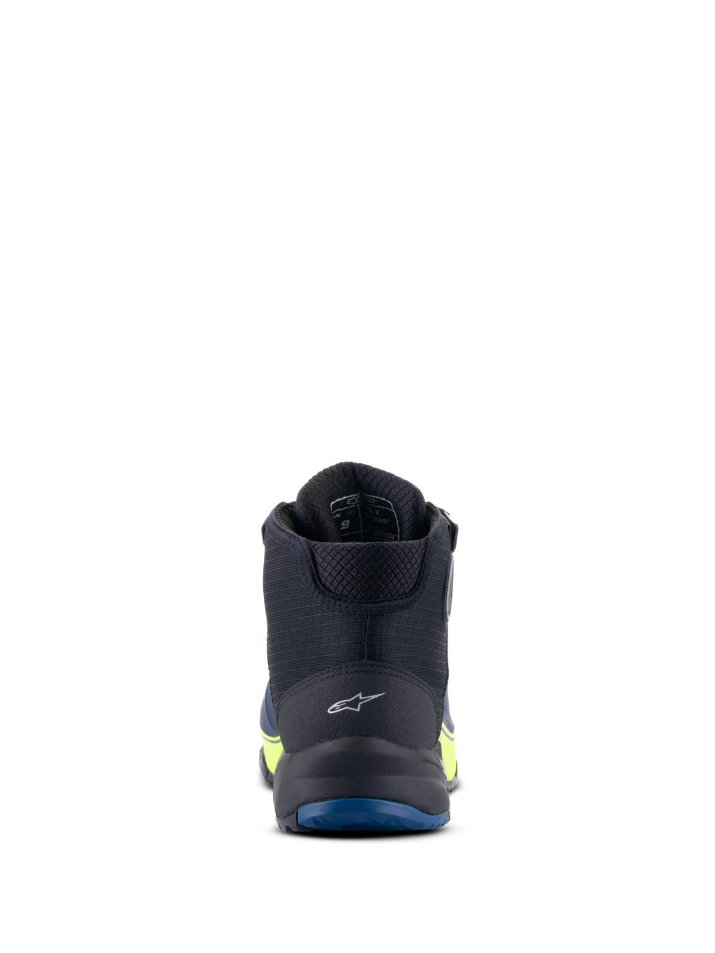 Alpinestars CR-X Drystar® Riding Shoes, Motorcycle Riding Shoes, Black Dark Blue and Yellow Fluo, rear view highlighting the heel logo and blue outsole, waterproof performance with yellow fluorescent accents