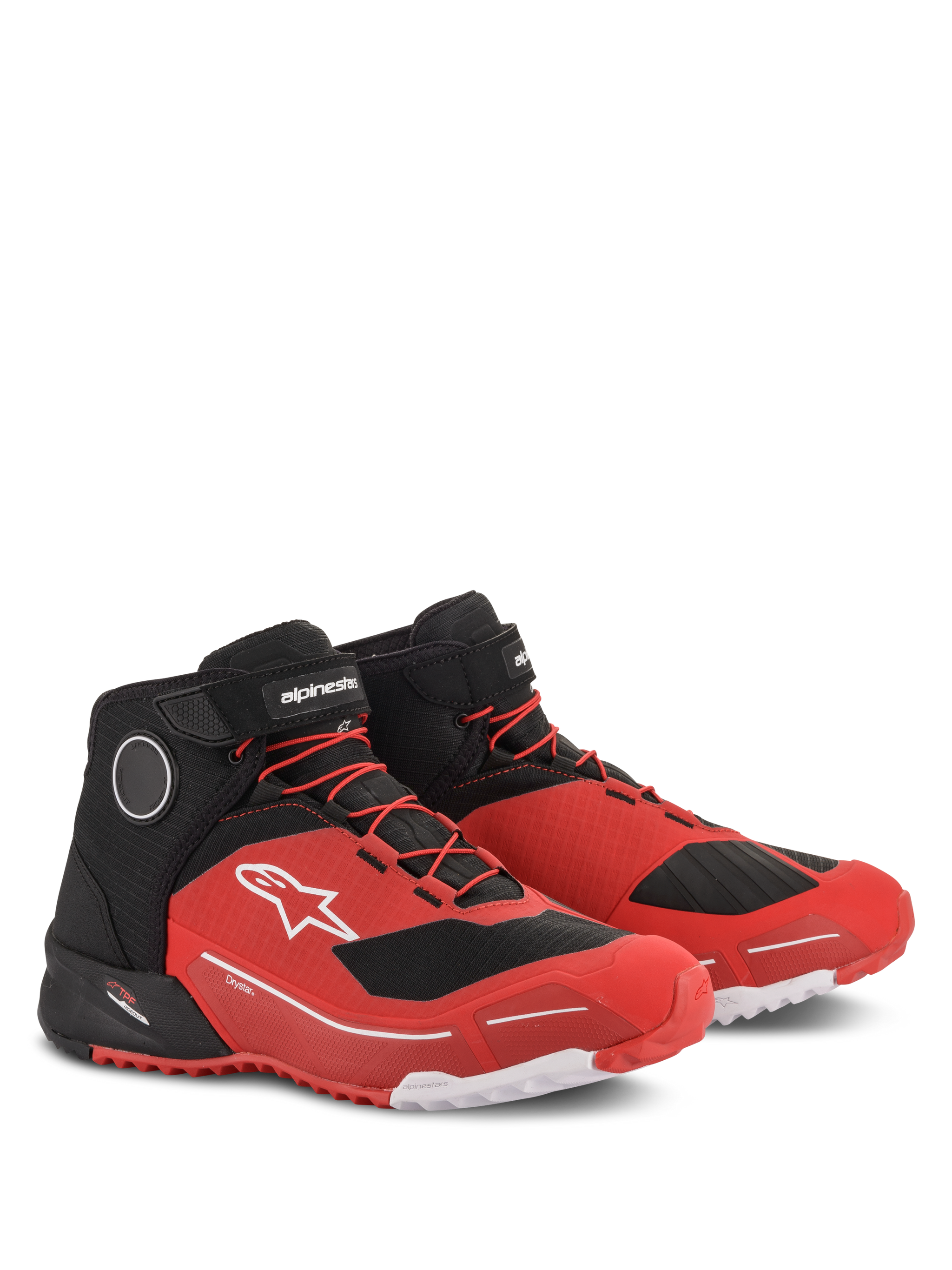 Zapatillas de conducción Alpinestars CR-X Drystar®, calzado de moto, rojo y negro, con logotipo Astars blanco en el lateral, cordones rojos y correa de velcro negra en el tobillo, diseño inspirado en zapatillas de running para conducción urbana y touring