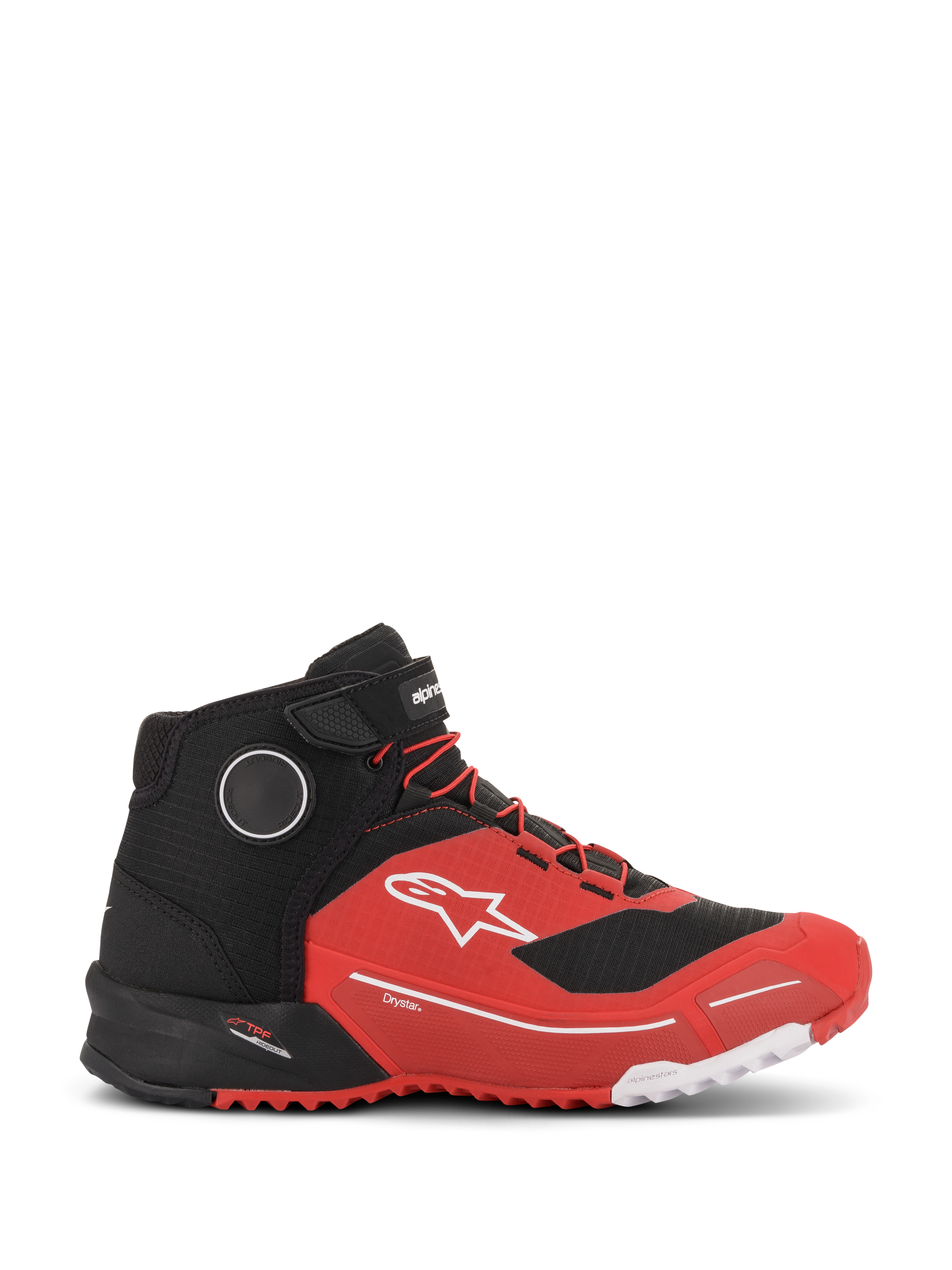 Zapatillas de moto Alpinestars CR-X Drystar®, rojo y negro, vista de perfil lateral de calzado de motociclismo de inspiración deportiva con tecnología impermeable, logotipo de la estrella de Alpinestars en blanco y suela texturizada.
