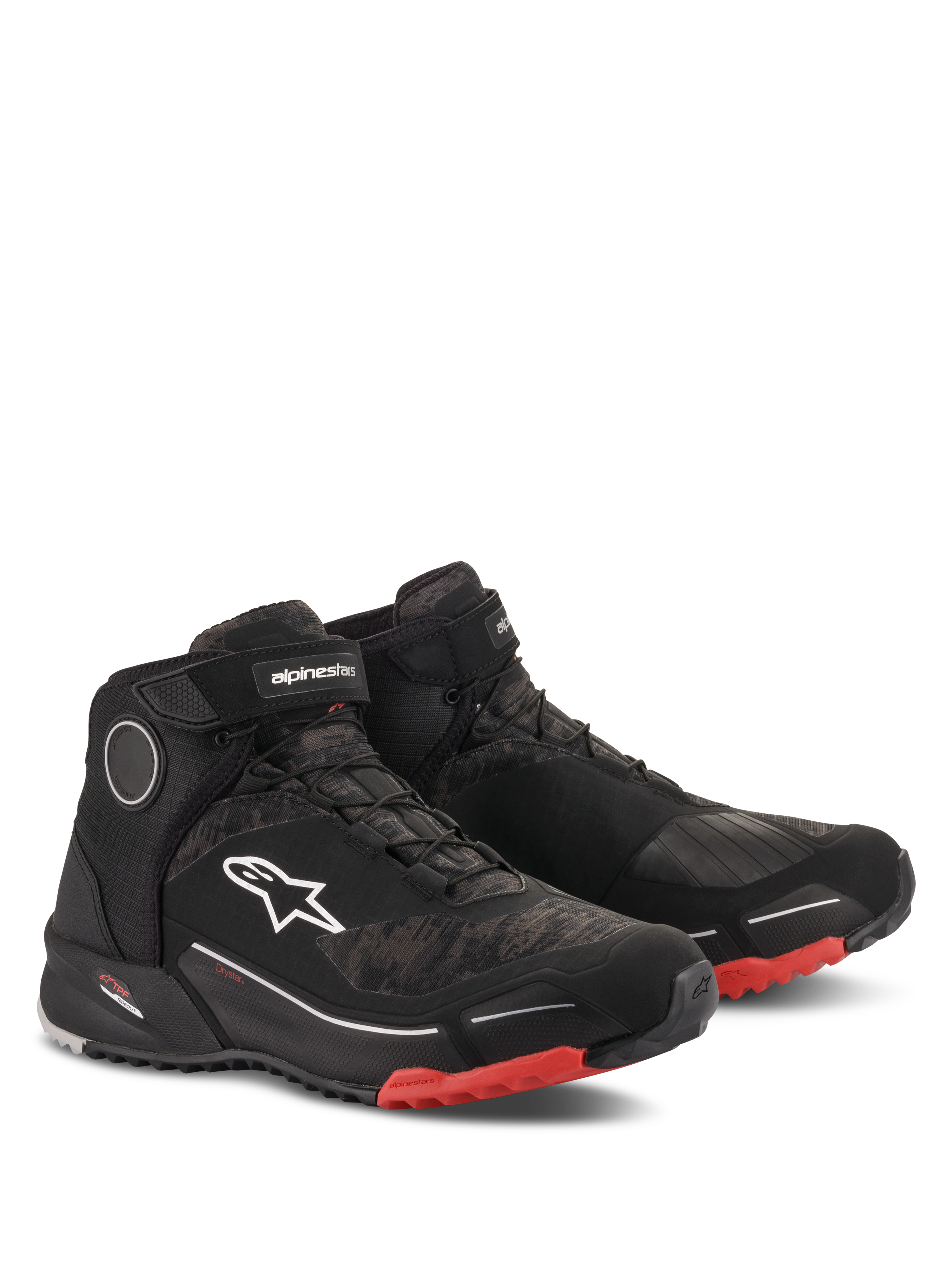 Alpinestars CR-X Drystar Riding Shoes, Motorcycle Riding Shoes, Black Camo Red, high-top athletic design with waterproof membrane, white Astars logo on the side, red accents on the outer sole and toe, urban and adventure touring style