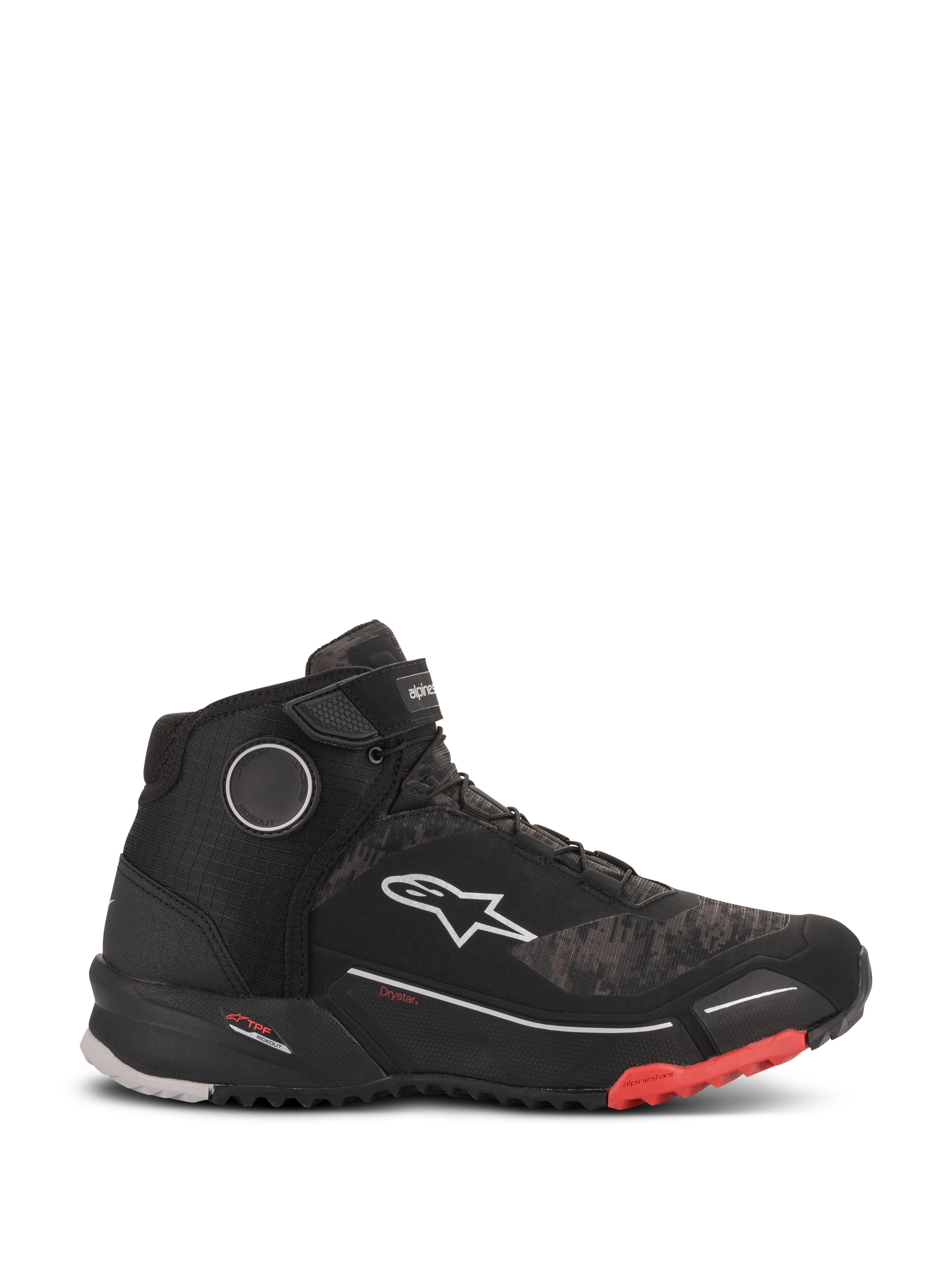Alpinestars CR-X Drystar Riding Shoes, calzado de moto impermeable en Negro Camuflaje Rojo, vista de perfil lateral con parte superior con patrón de camuflaje texturizado, logotipo blanco de Alpinestars, correa en el tobillo y suela negra estriada con detalles rojos en la puntera.