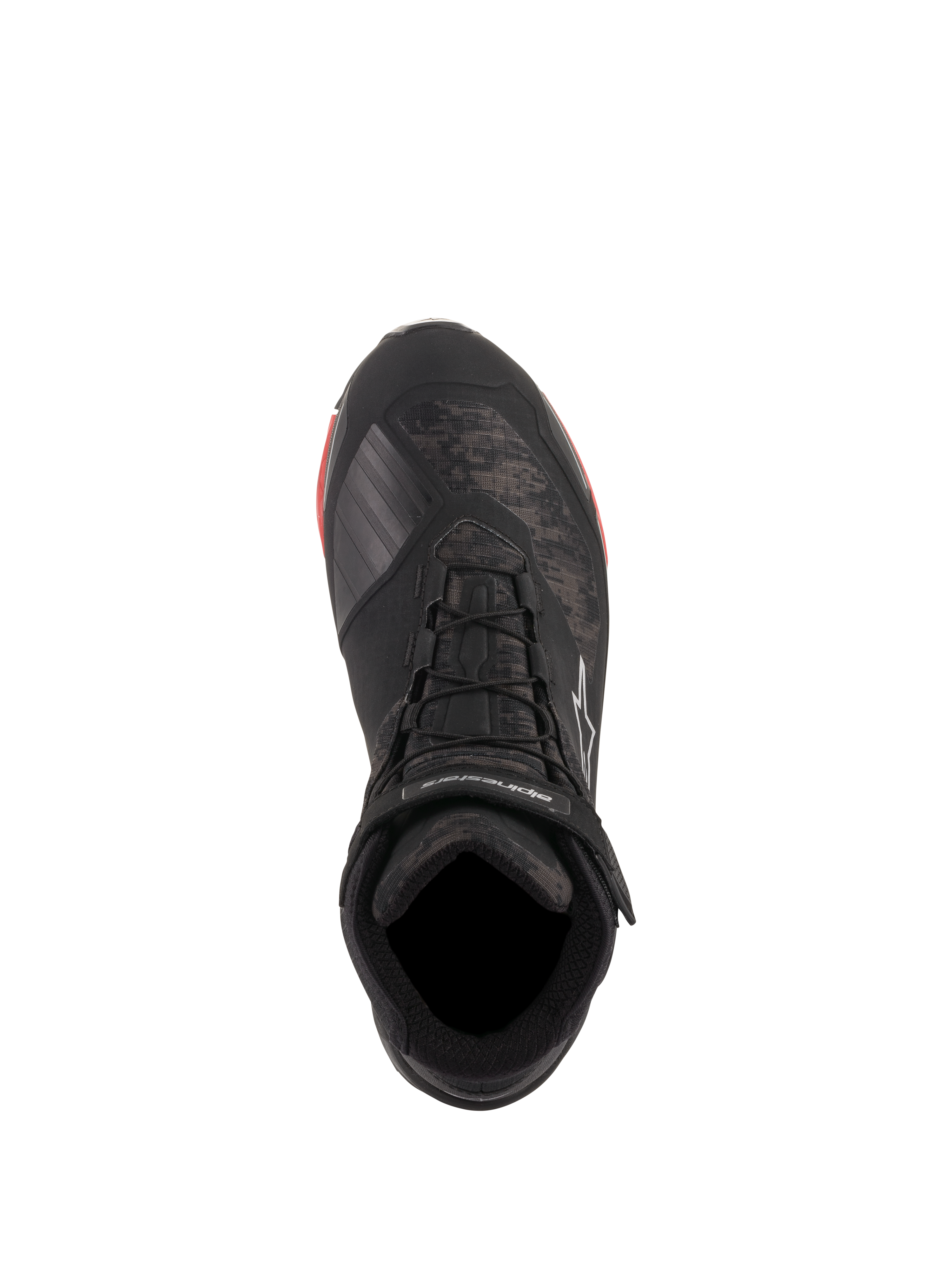 Alpinestars CR-X Drystar® Riding Shoes, Black Camo Red, top-down view featuring camo pattern and black laces, ankle strap with white Alpinestars branding, waterproof motorcycle footwear with red sole accents