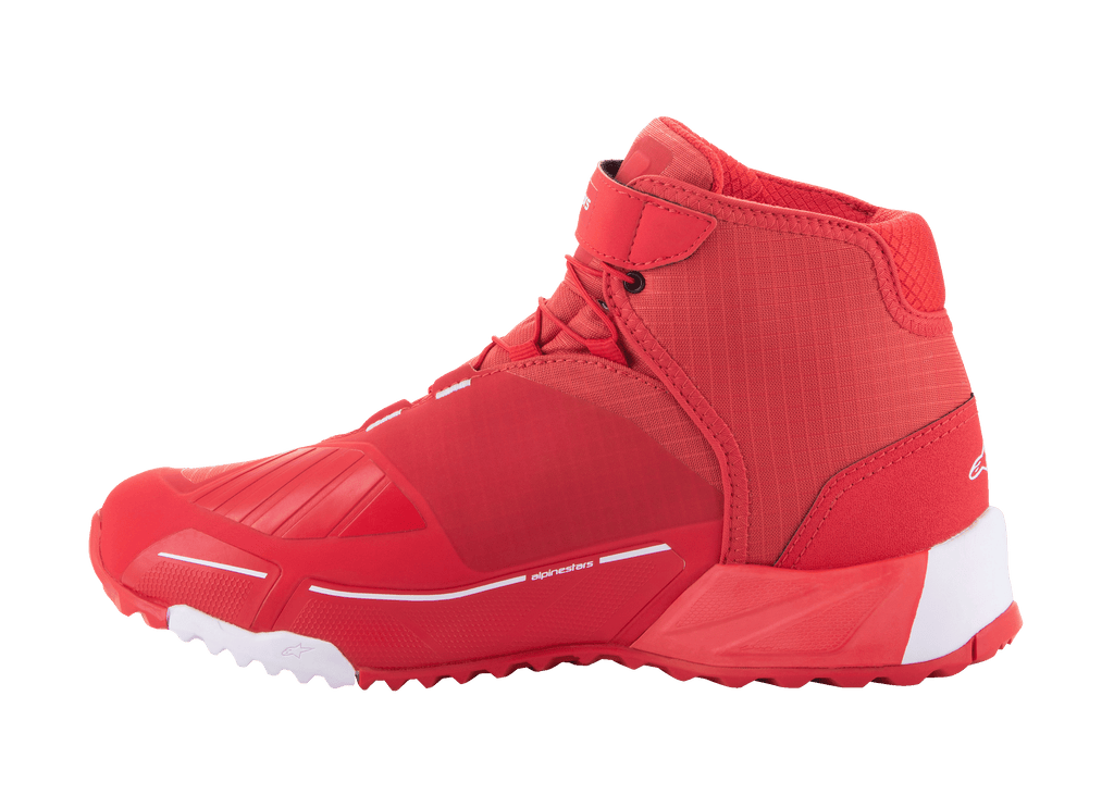 Alpinestars MM93 CR-X Drystar Riding Shoes, Motorcycle Riding Shoes, Bright Red and White, side profile view, sleek athletic design with reinforced gear shift pad, white heel and toe accents on a red sole, urban road riding footwear