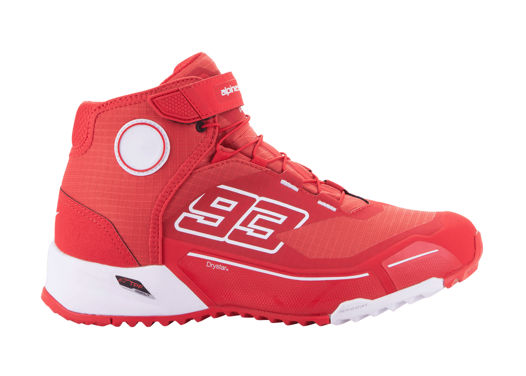 Alpinestars MM93 CR-X Drystar Riding Shoes, Motorcycle Urban Footwear, Bright Red and White, high-top design featuring Marc Marquez's number 93, waterproof Drystar technology, textured fabric upper with white EVA midsole and red rubber sole, Velcro strap and lace closure