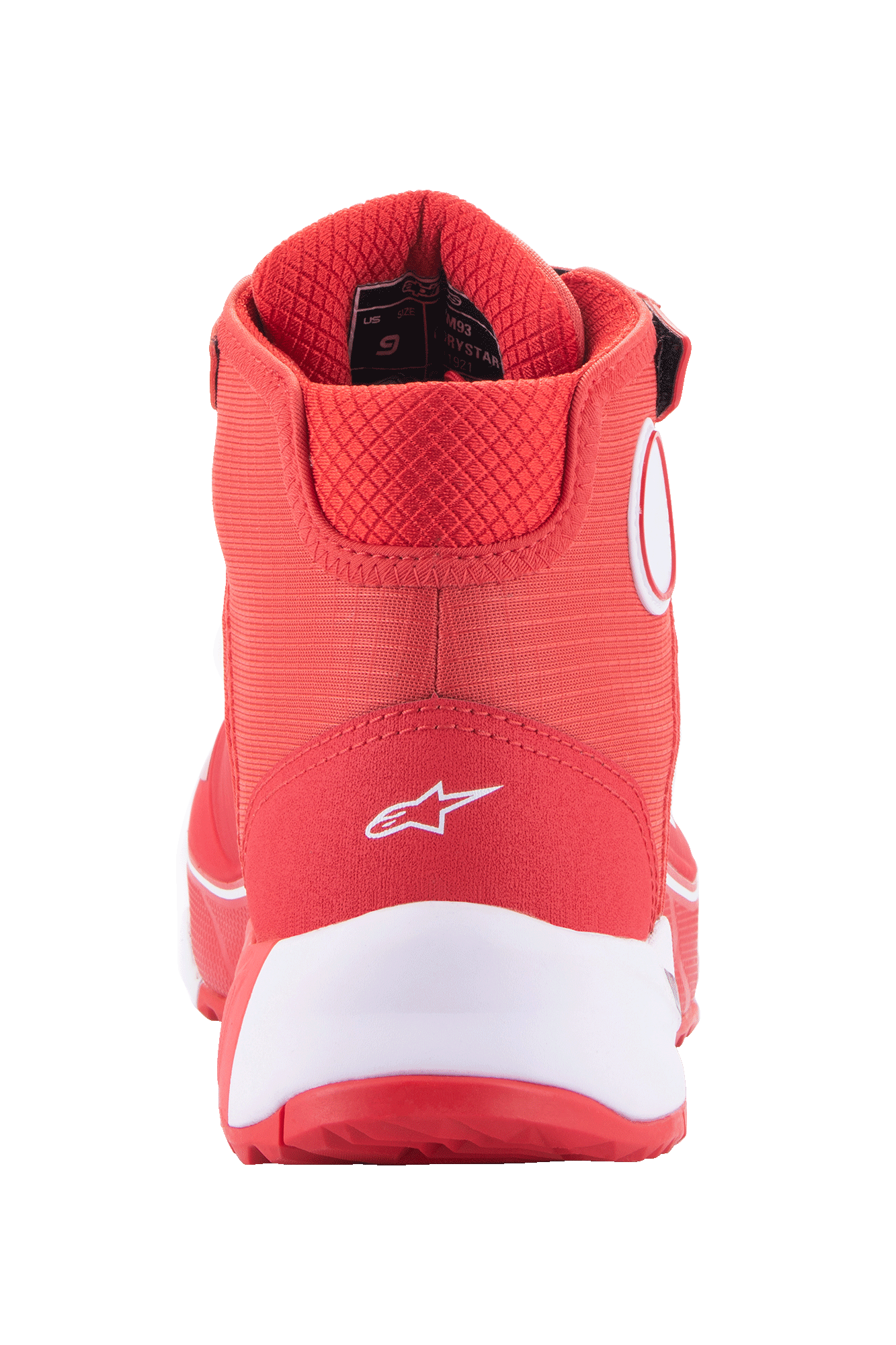 Alpinestars MM93 CR-X Drystar® Riding Shoes, Bright Red and White, rear view of the heel featuring a white Alpinestars logo, thick white midsole, and padded red mesh collar