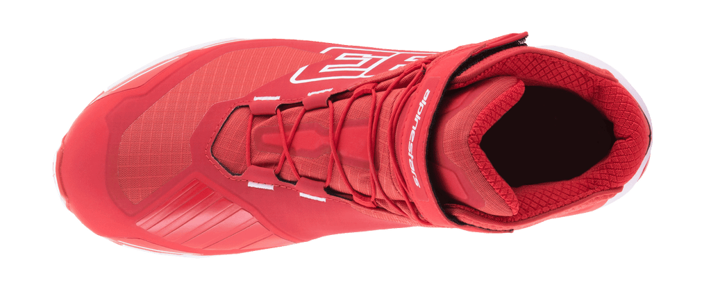 Alpinestars MM93 CR-X Drystar Riding Shoe, Bright Red and White, top-down view showing lacing system and adjustable ankle strap, featuring large 93 graphic and Alpinestars branding, waterproof motorcycle footwear with a running shoe-inspired design