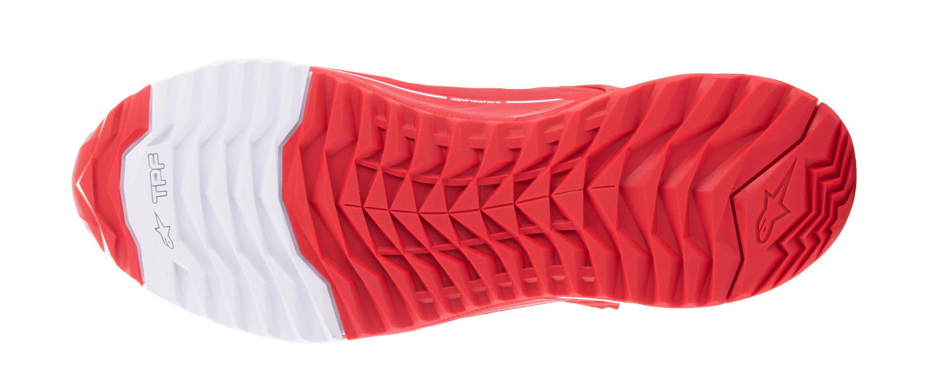 Alpinestars MM93 CR-X Drystar® Riding Shoes, Outsole View, Bright Red and White, featuring an asymmetric stud configuration for grip, white heel section with Alpinestars star logo, oil-resistant dual rubber compound for stability and walking comfort
