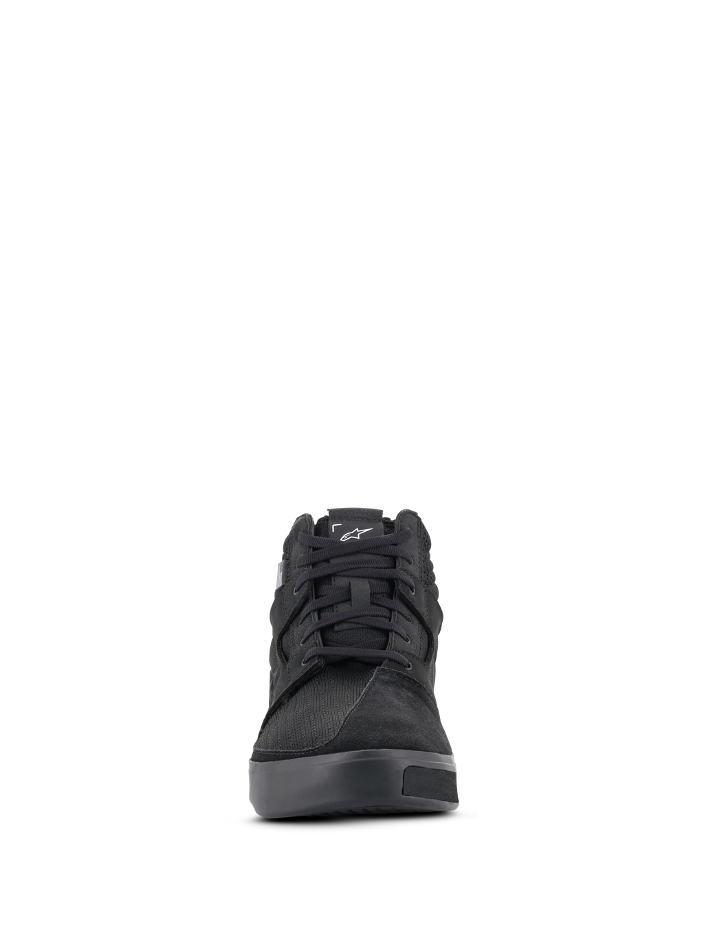 Alpinestars Primer Riding Shoes, Negro, vista frontal de calzado casual urbano para motocicleta con parte superior de ante y textil, cordones negros y logotipo Astar blanco en la lengüeta.