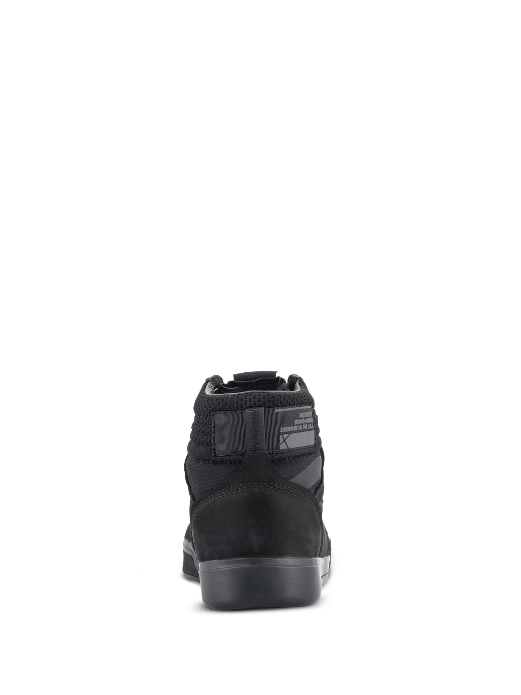 Zapatos de moto Alpinestars Primer, negro sobre negro, vista trasera que muestra el talón reforzado, cuello de malla y suela de goma, calzado urbano protector para motociclismo