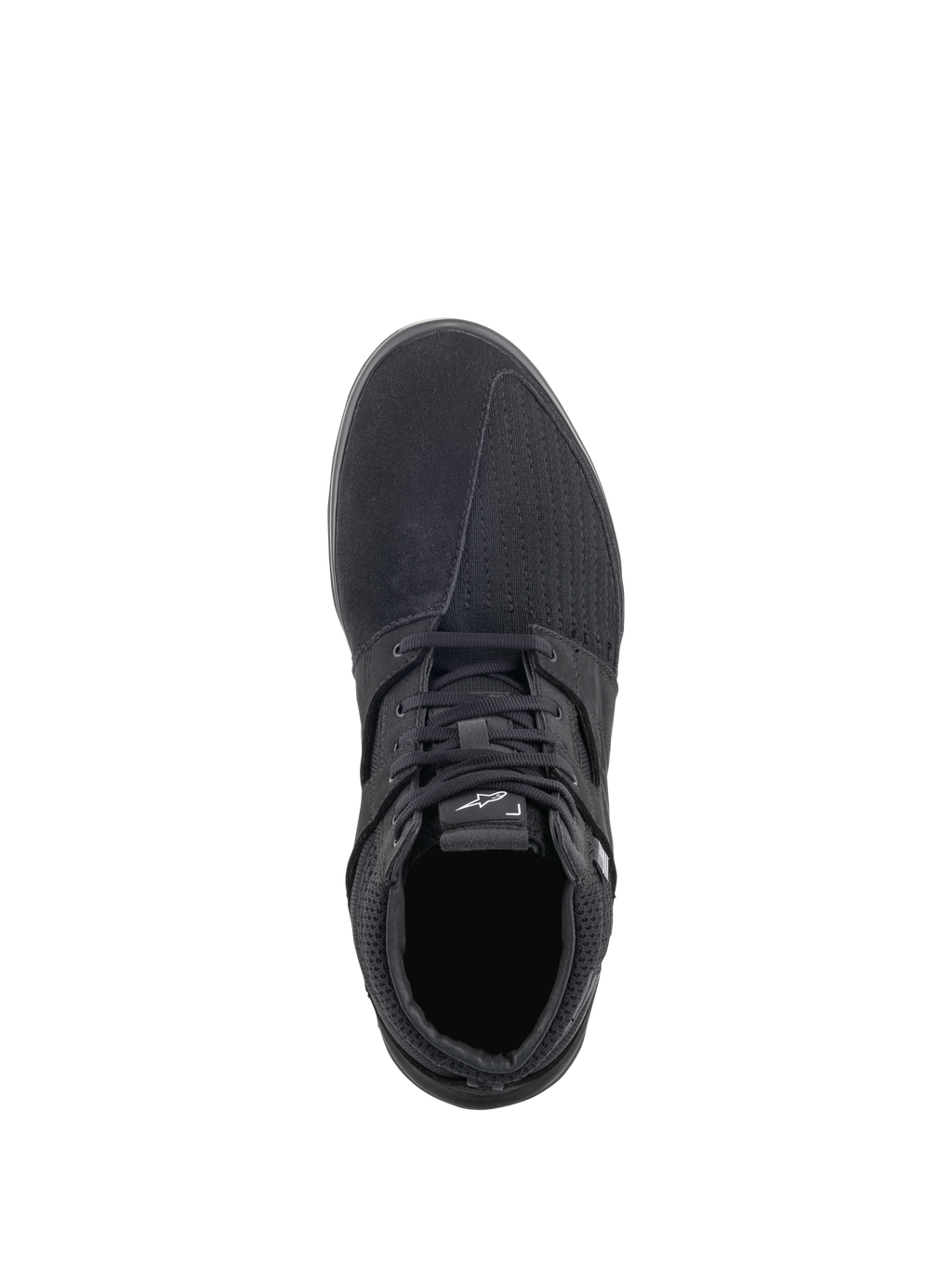Alpinestars Primer Riding Shoes, negros, vista desde arriba, calzado de moto urbano casual con una parte superior de materiales mixtos con paneles de ante y malla, cierre de cordones y logotipo blanco de Alpinestars en la lengüeta