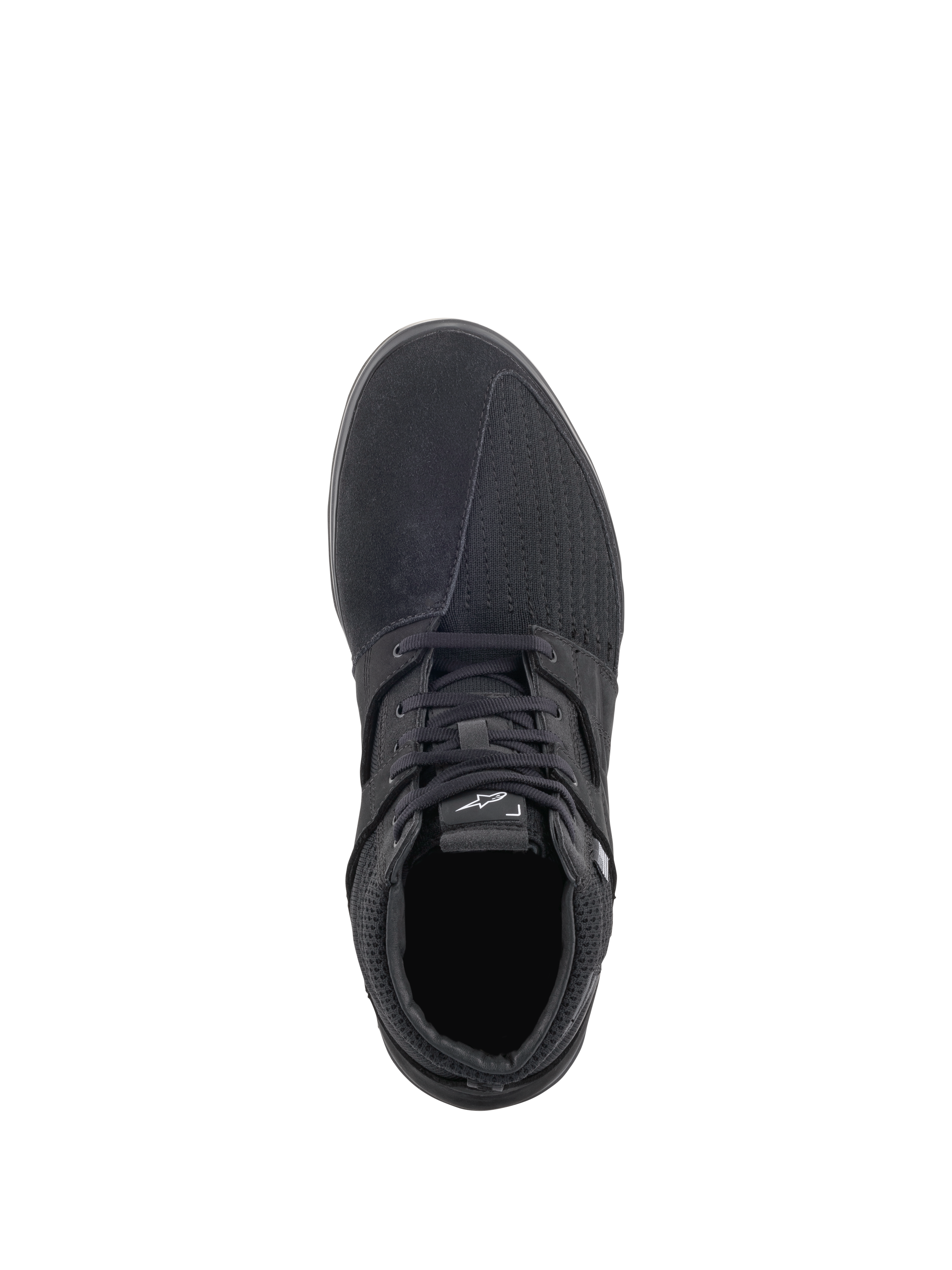 Alpinestars Primer Riding Shoes, negros, vista desde arriba, calzado de moto urbano casual con una parte superior de materiales mixtos con paneles de ante y malla, cierre de cordones y logotipo blanco de Alpinestars en la lengüeta