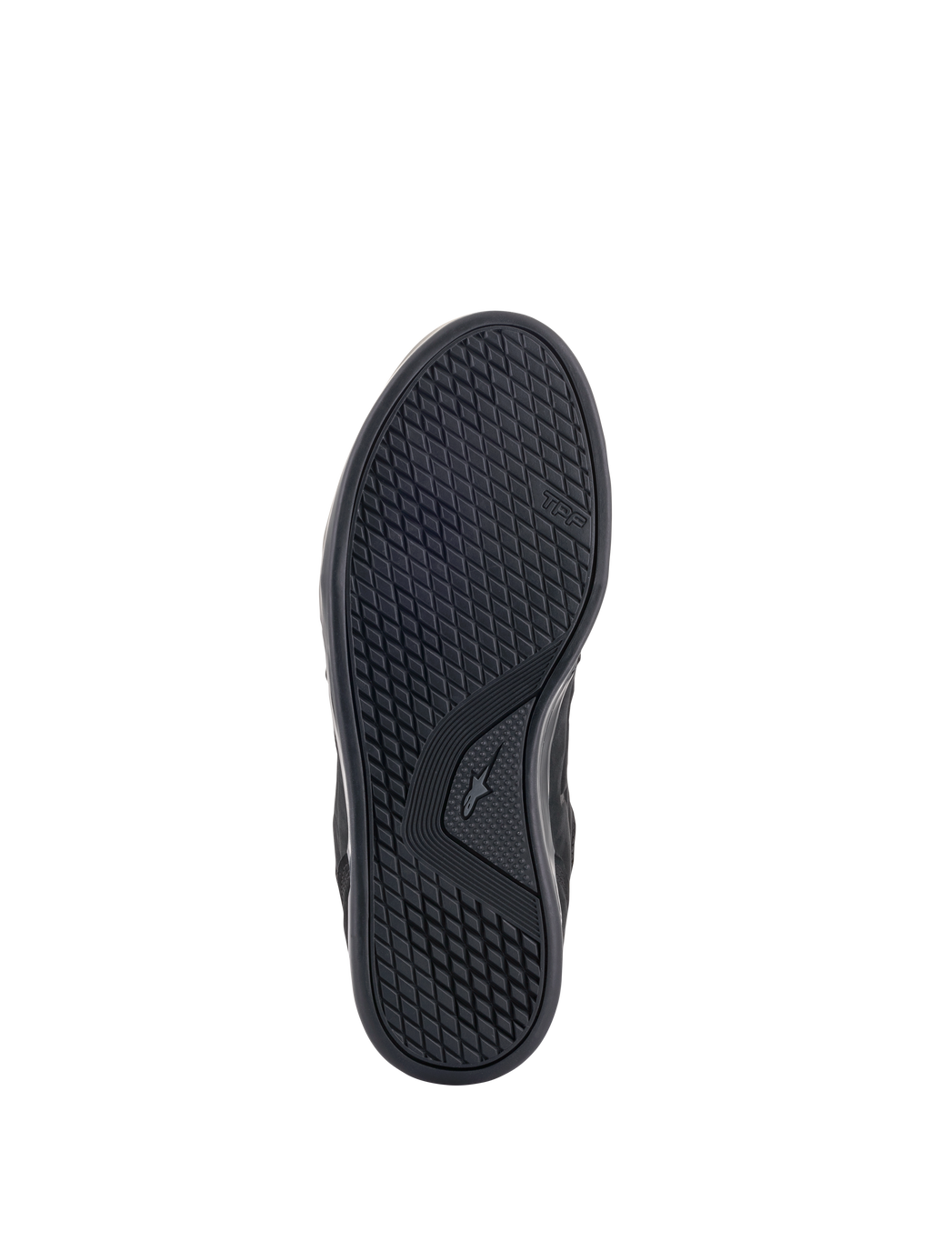 Alpinestars Primer Riding Shoes, vista de la suela, negro, con suela de compuesto de goma doble resistente al aceite con patrón de tacos asimétrico para mayor agarre y resistencia a la abrasión, logotipo TPF visible en el lateral