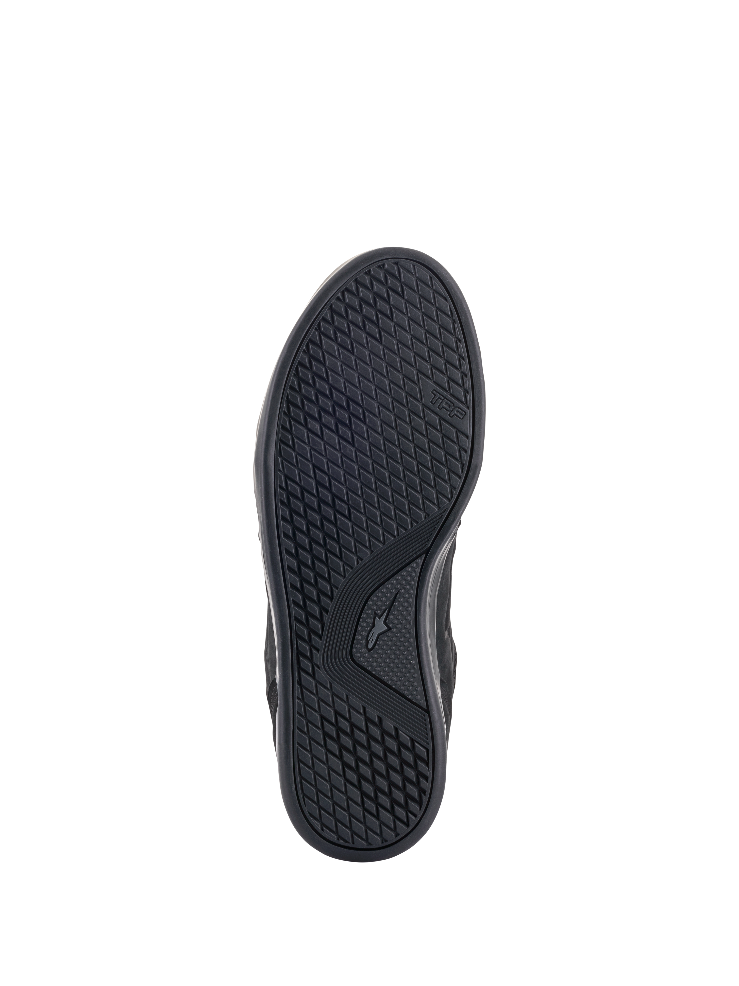 Alpinestars Primer Riding Shoes, vista de la suela, negro, con suela de compuesto de goma doble resistente al aceite con patrón de tacos asimétrico para mayor agarre y resistencia a la abrasión, logotipo TPF visible en el lateral
