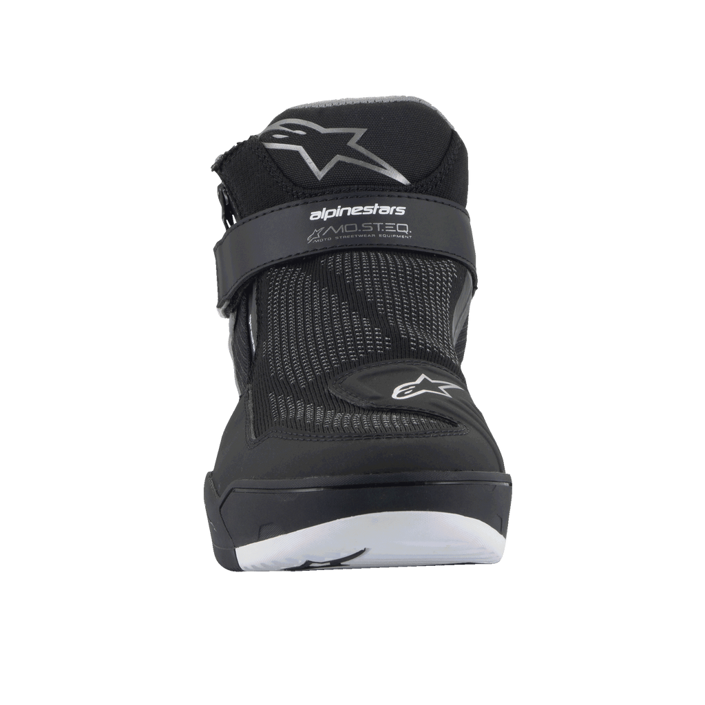 Alpinestars Speedflight Street Shoes, Black Gun Metal, front view featuring mesh upper, hook-and-loop ankle strap with MO.ST.EQ. branding, and star logos, contemporary urban motorcycle riding shoes