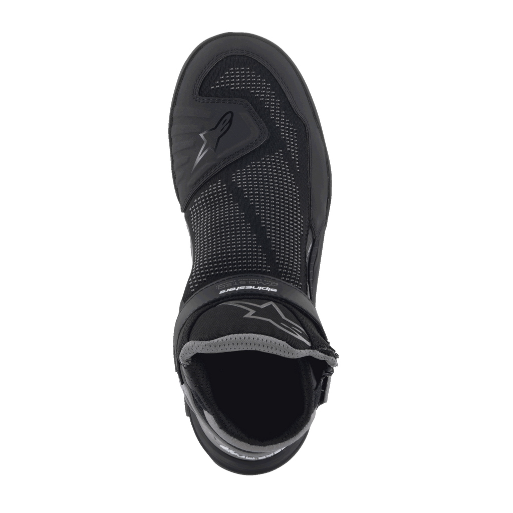Alpinestars Speedflight Street Shoes, Black Gun Metal, top-down view of a single shoe featuring a mesh upper, TPU reinforcements, and hook-and-loop strap, urban motorcycle riding shoes