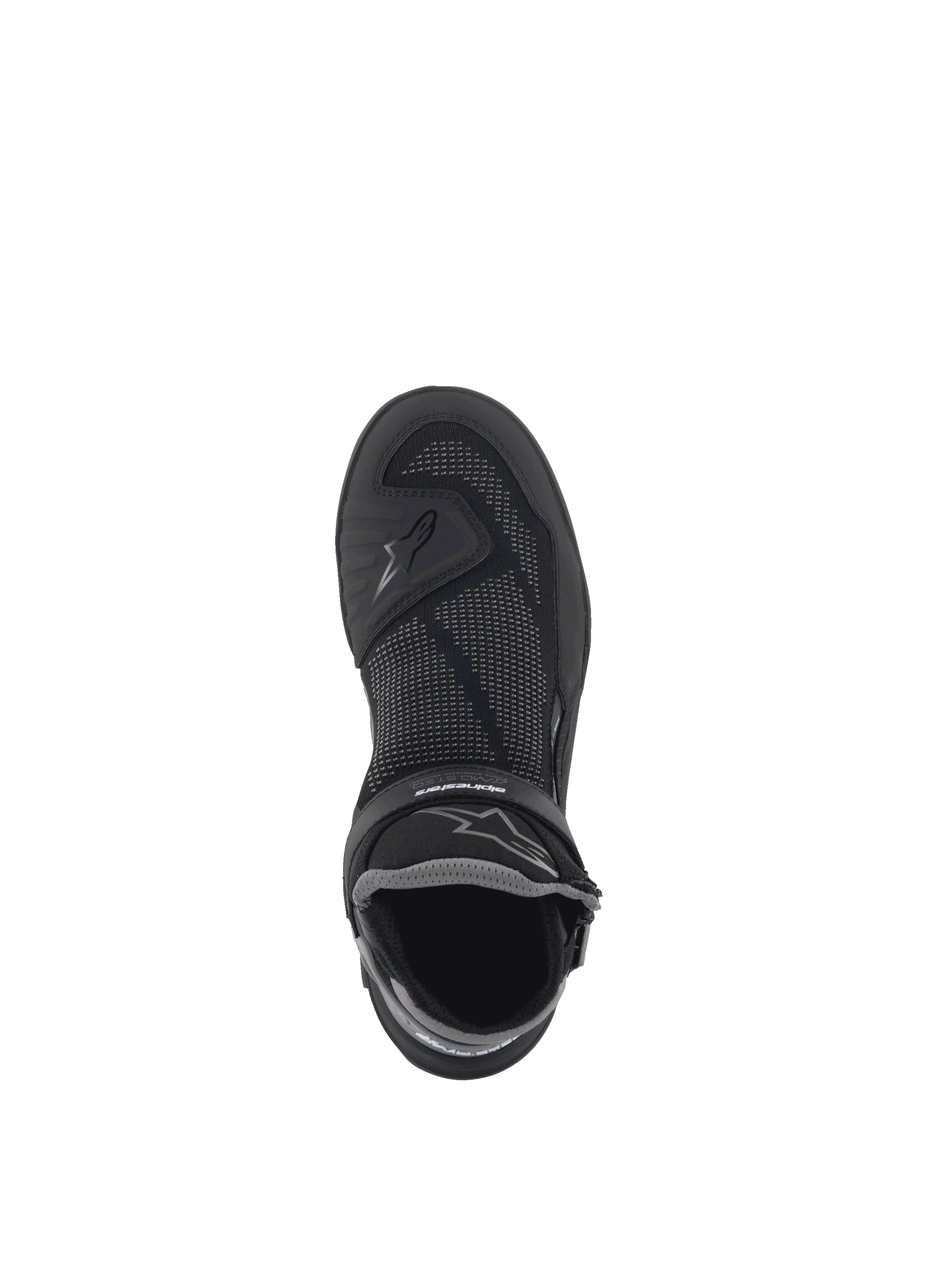 Alpinestars Speedflight Street, zapatos de moto urbanos de hombre, negro y gris gun metal, malla tejida transpirable, vista superior con logotipos técnicos