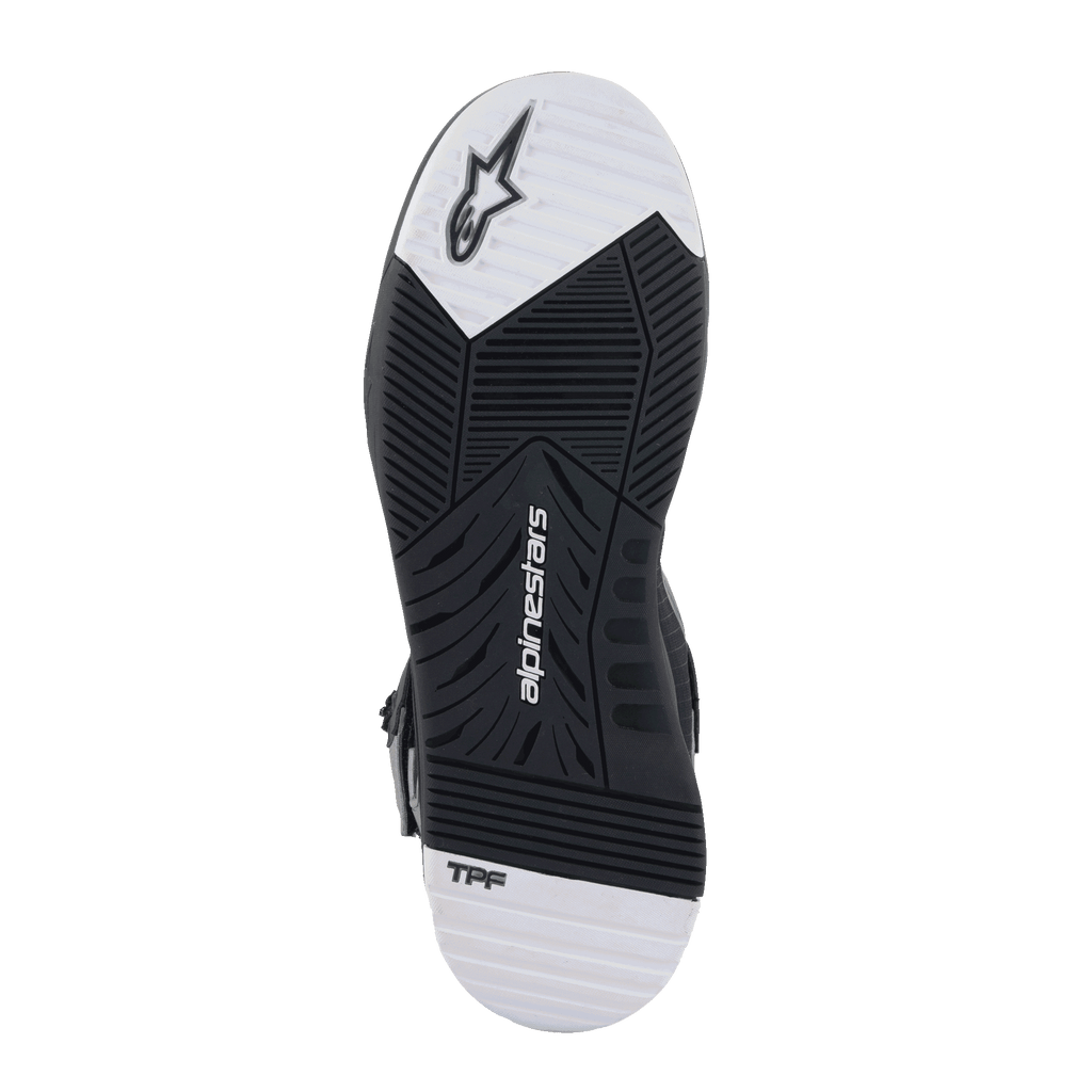 Alpinestars Speedflight Street Shoes, sole view, Black and White dual density rubber outsole with tapered tread pattern, featuring Alpinestars logo and TPF branding, urban motorcycle footwear