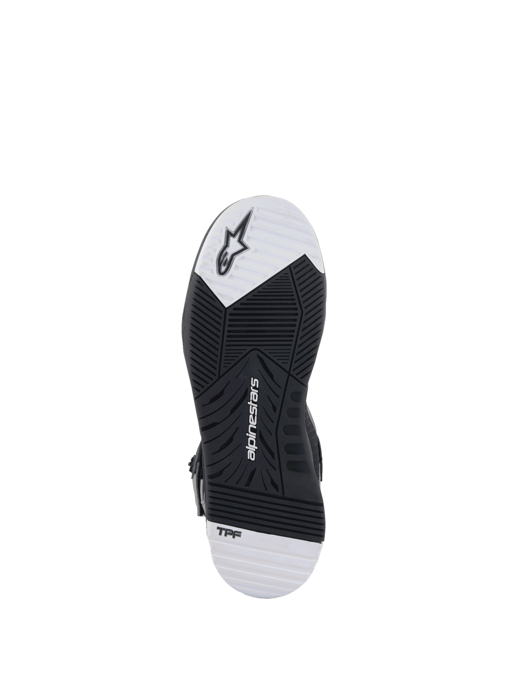Suela de los zapatos de moto Alpinestars Speedflight Street, negra y blanca, goma de doble densidad y tecnología TPF.