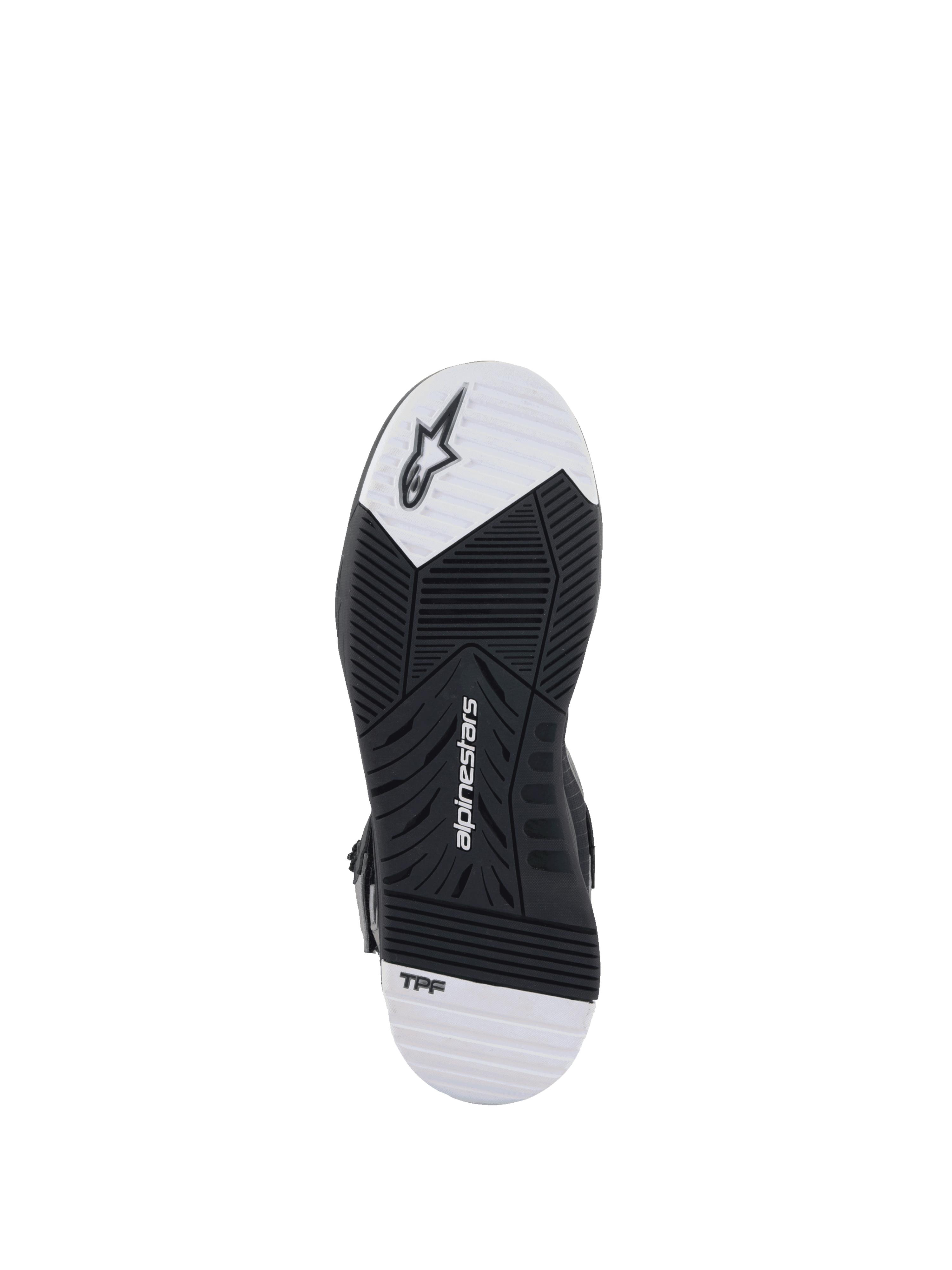 Suela de los zapatos de moto Alpinestars Speedflight Street, negra y blanca, goma de doble densidad y tecnología TPF.
