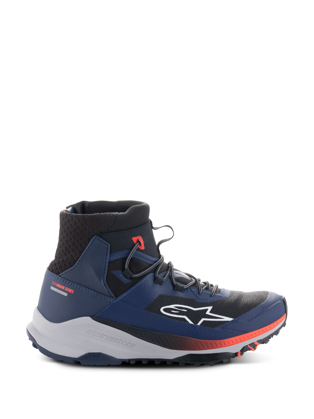 Alpinestars Speedforce XR Shoes, High-Top Urban Motorcycle Sneakers, Blue and Black with Red Accents, Rugged Light Gray Sole, Mesh Ankle Texture, Side Profile View