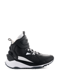 Alpinestars Speedstreet Shoes, high-top motorcycle sneakers, black and white, side view featuring a large hook-and-loop ankle strap, thick white midsole with Alpinestars and TPF branding, and rugged rubber outsole for urban riding.