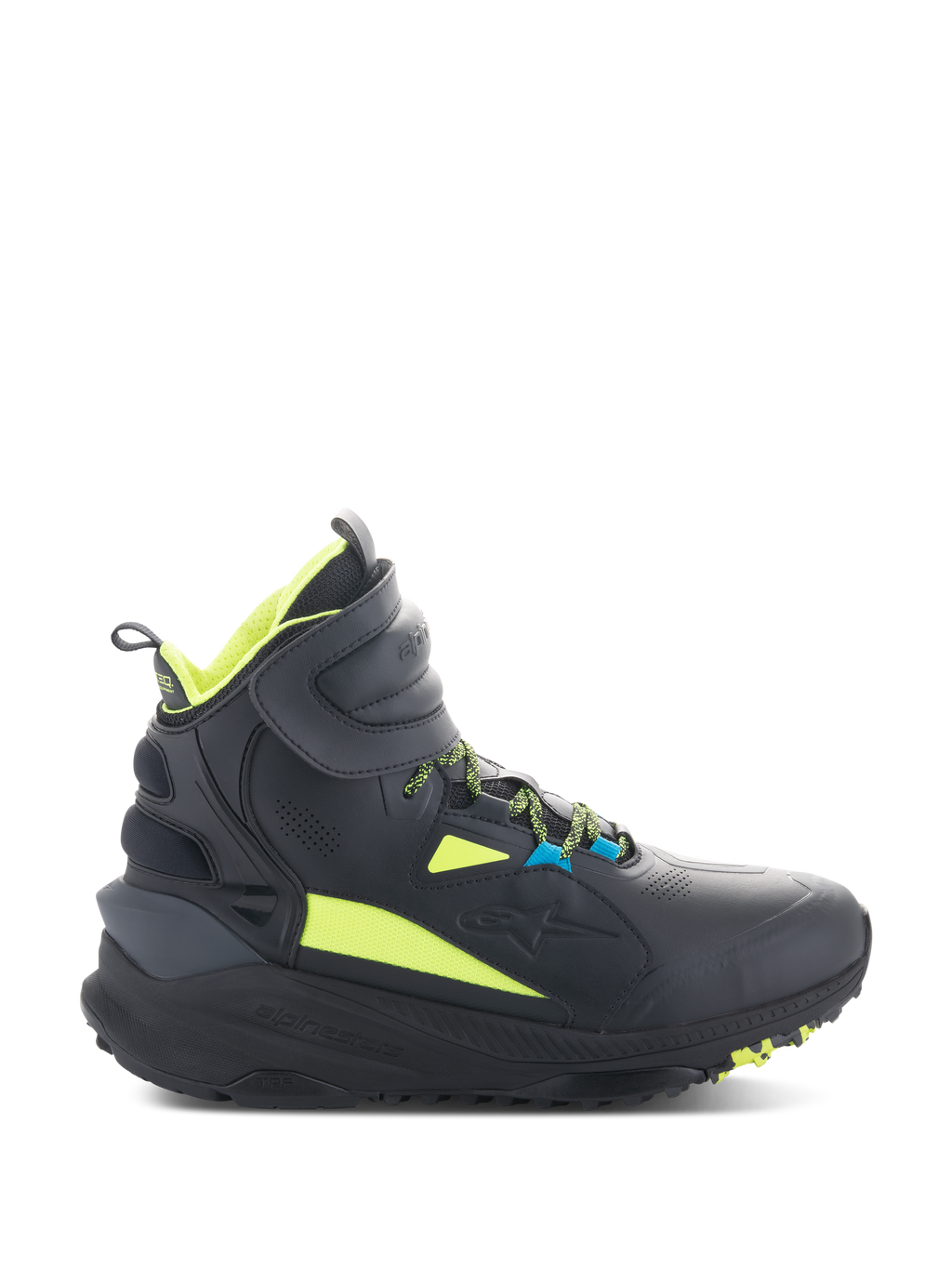 Alpinestars Speedstreet Shoes, zapatillas de motociclismo de caña alta en negro con detalles en verde lima neón y azul, suela gruesa texturizada, cuello acolchado y diseño deportivo moderno para conducción urbana