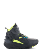 Alpinestars Speedstreet Shoes, zapatillas de motociclismo de caña alta en negro con detalles en verde lima neón y azul, suela gruesa texturizada, cuello acolchado y diseño deportivo moderno para conducción urbana