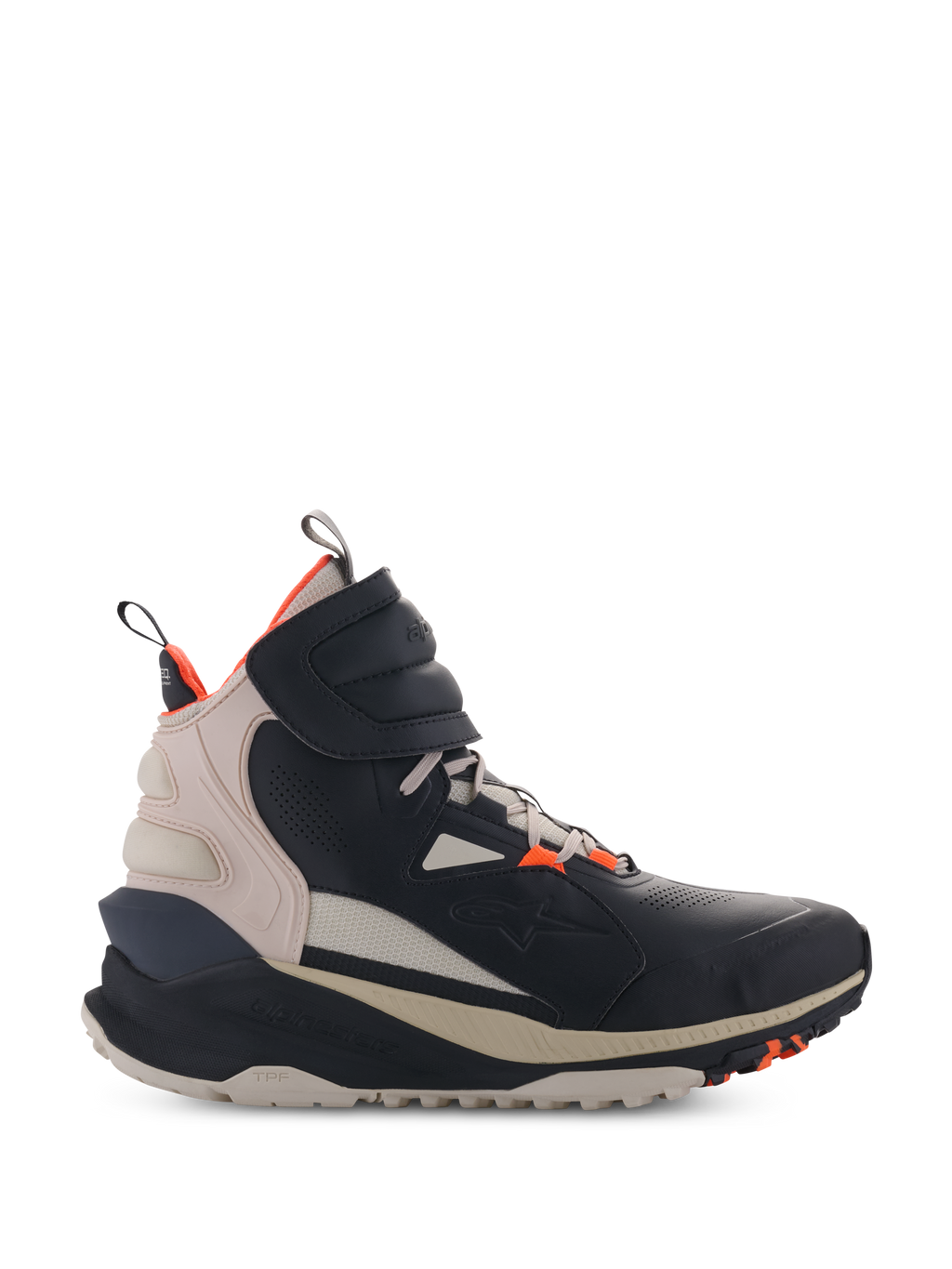 Zapatos Alpinestars Speedstreet, zapatillas de caña alta para moto, negro y almendra con detalles en Hot Orange, parte superior de microfibra de estilo urbano con detalles perforados, suela ergonómica gruesa, diseño de conducción urbana moderno con correa de velcro