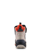 Zapatos Alpinestars Speedstreet, calzado para moto, negro, almendra y naranja intenso, vista trasera que muestra el contrafuerte del talón reforzado, paneles de microfibra color almendra, forro interior naranja brillante y marca MO.ST.EQ.