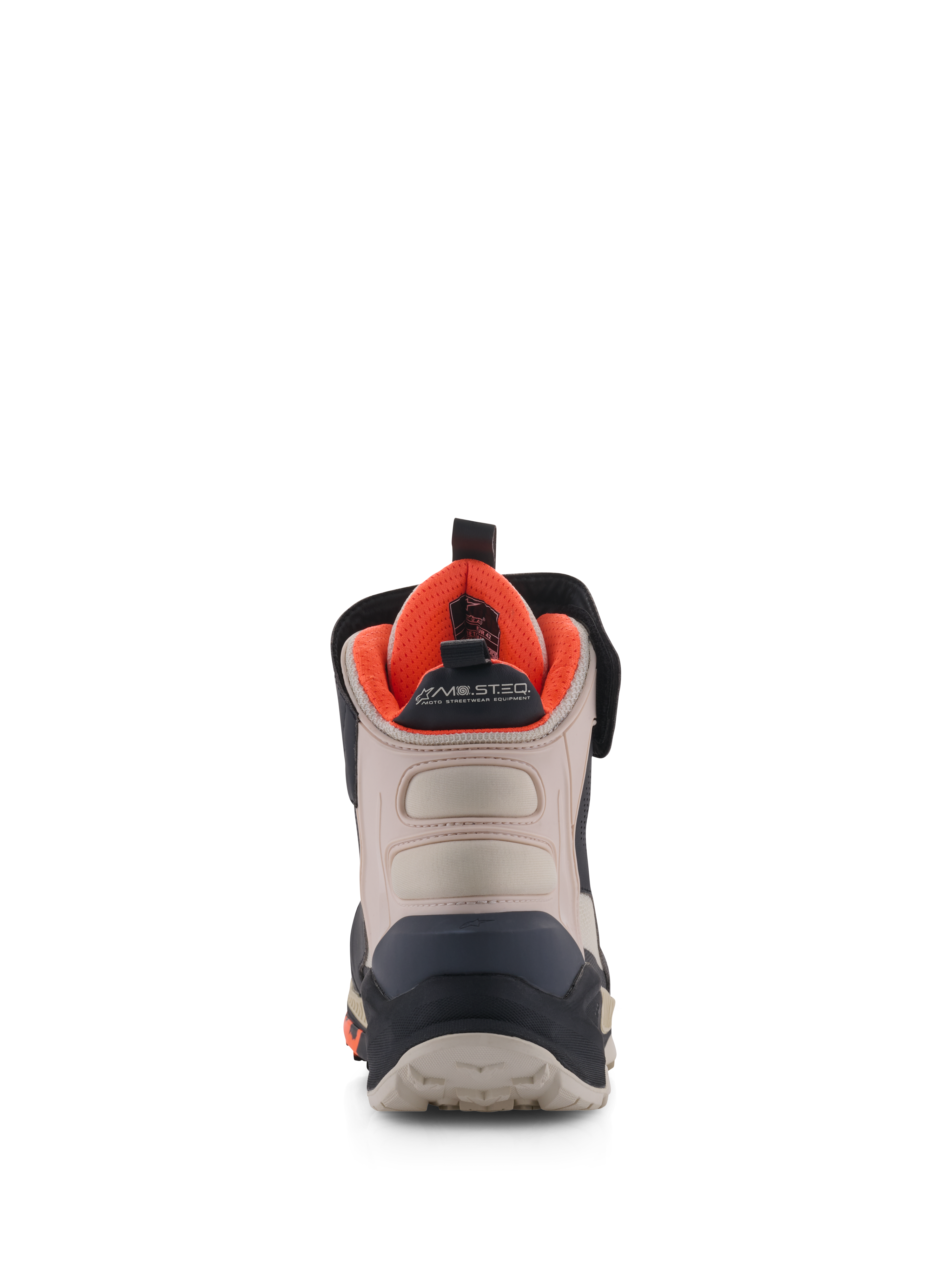 Zapatos Alpinestars Speedstreet, calzado para moto, negro, almendra y naranja intenso, vista trasera que muestra el contrafuerte del talón reforzado, paneles de microfibra color almendra, forro interior naranja brillante y marca MO.ST.EQ.