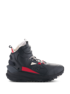 Alpinestars Speedstreet Shoes, Motorcycle Riding Shoes, Black Ecru and Bright Red, high-top side profile, streetwear-inspired design, padded ankle collar, thick sole with TPF marking, protective gear for urban riding