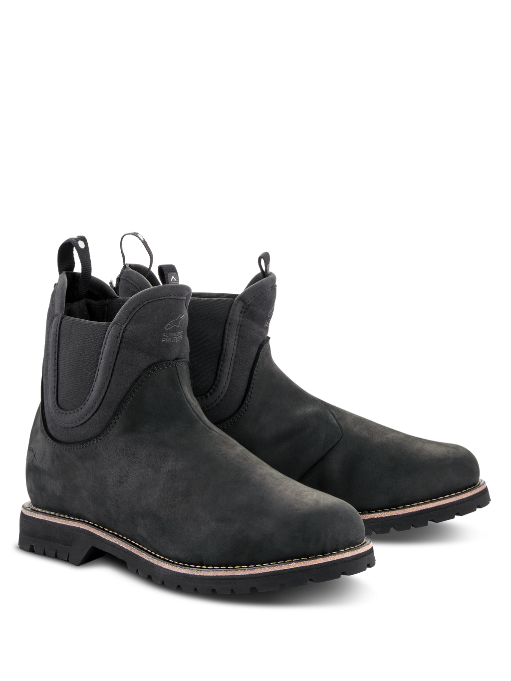 Zapatos Alpinestars Turnstone, botas de moto negras estilo Chelsea, parte superior de cuero bovino mate con paneles laterales elásticos y tiradores traseros, calzado urbano con suela dentada robusta y costura de vira blanca