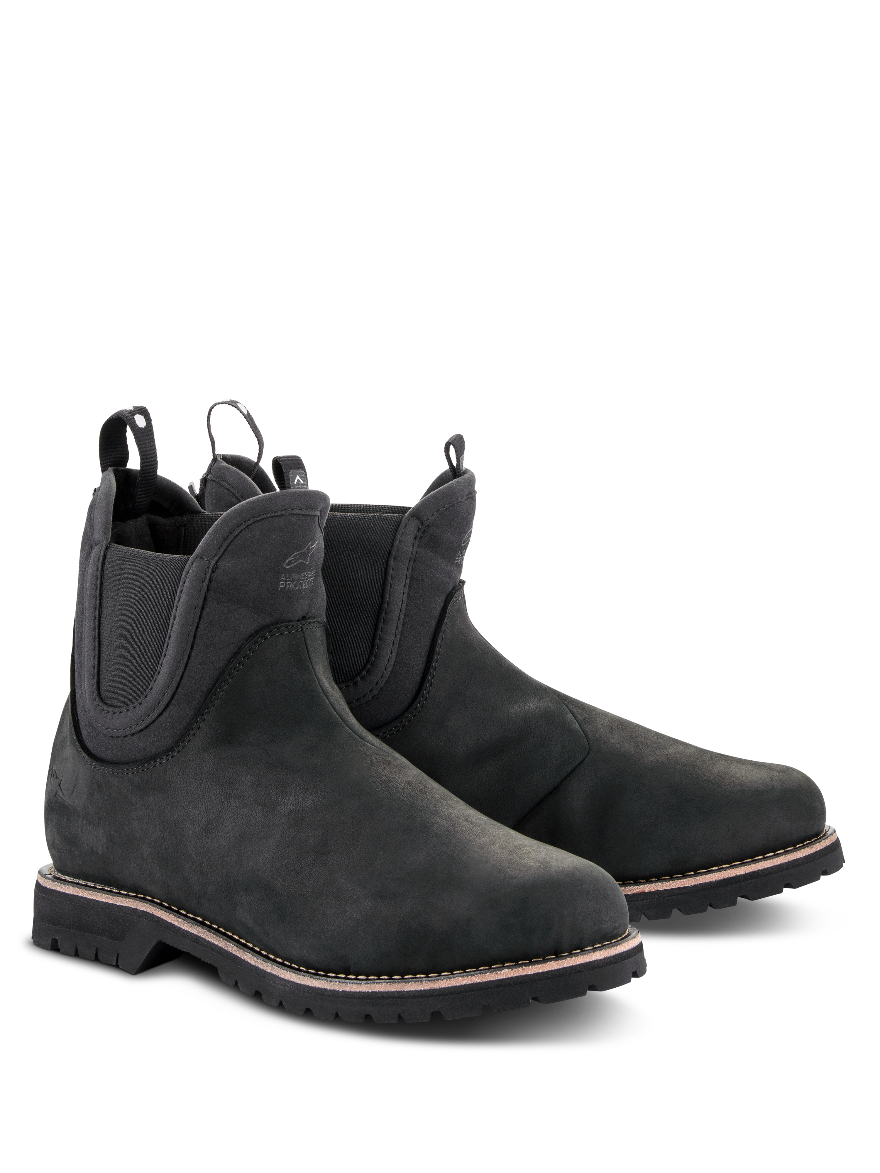 Zapatos Alpinestars Turnstone, botas de moto negras estilo Chelsea, parte superior de cuero bovino mate con paneles laterales elásticos y tiradores traseros, calzado urbano con suela dentada robusta y costura de vira blanca