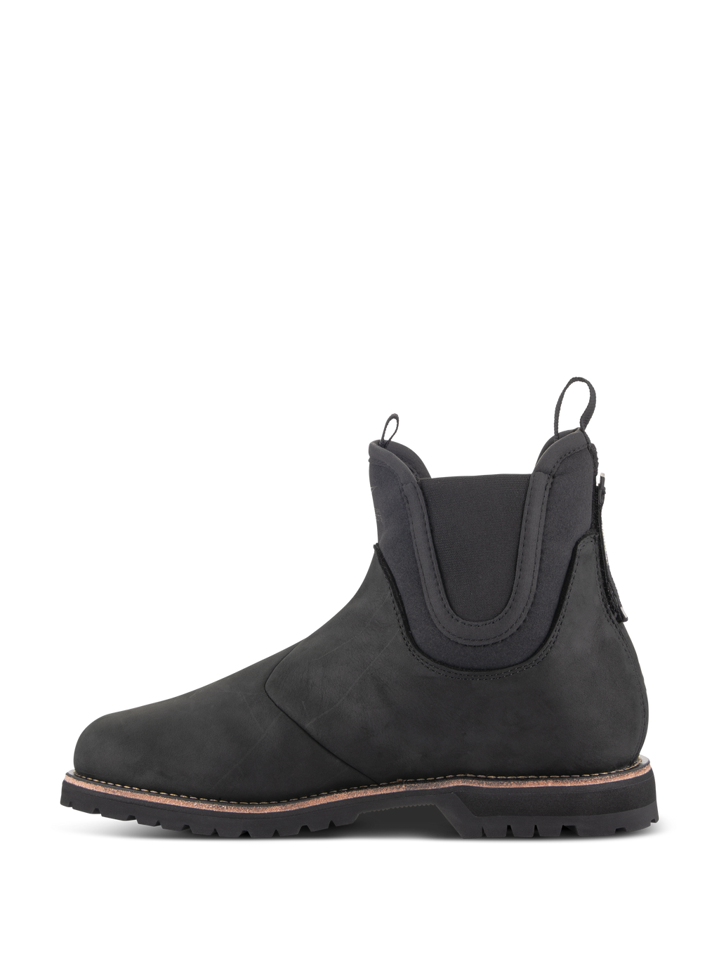 Alpinestars Turnstone Shoes, botas de motociclismo estilo Chelsea en color negro, vista de perfil lateral, confeccionadas en cuero bovino de 1,5 mm con paneles elásticos en el tobillo y tiradores delanteros y traseros.