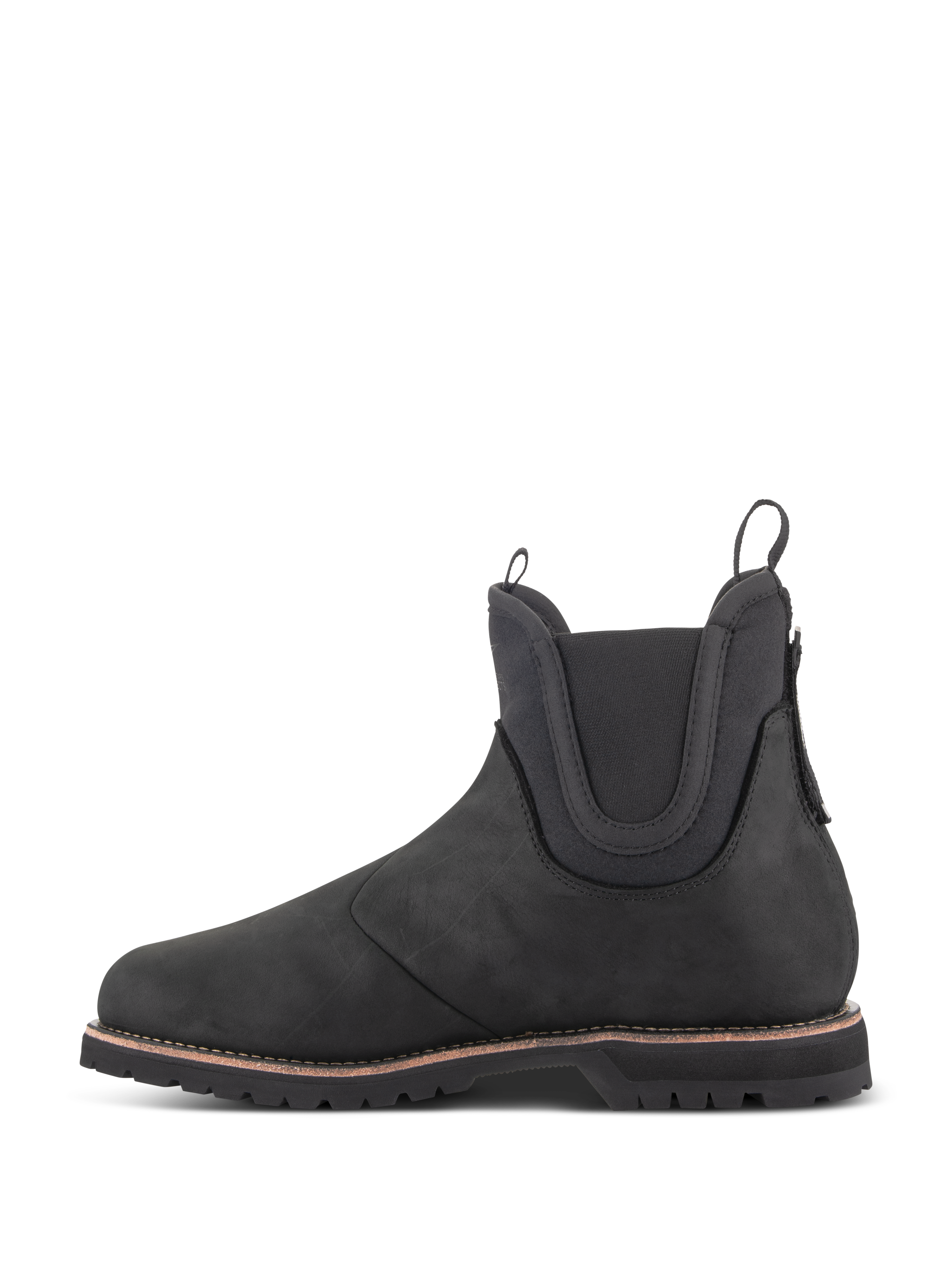Alpinestars Turnstone Shoes, botas de motociclismo estilo Chelsea en color negro, vista de perfil lateral, confeccionadas en cuero bovino de 1,5 mm con paneles elásticos en el tobillo y tiradores delanteros y traseros.