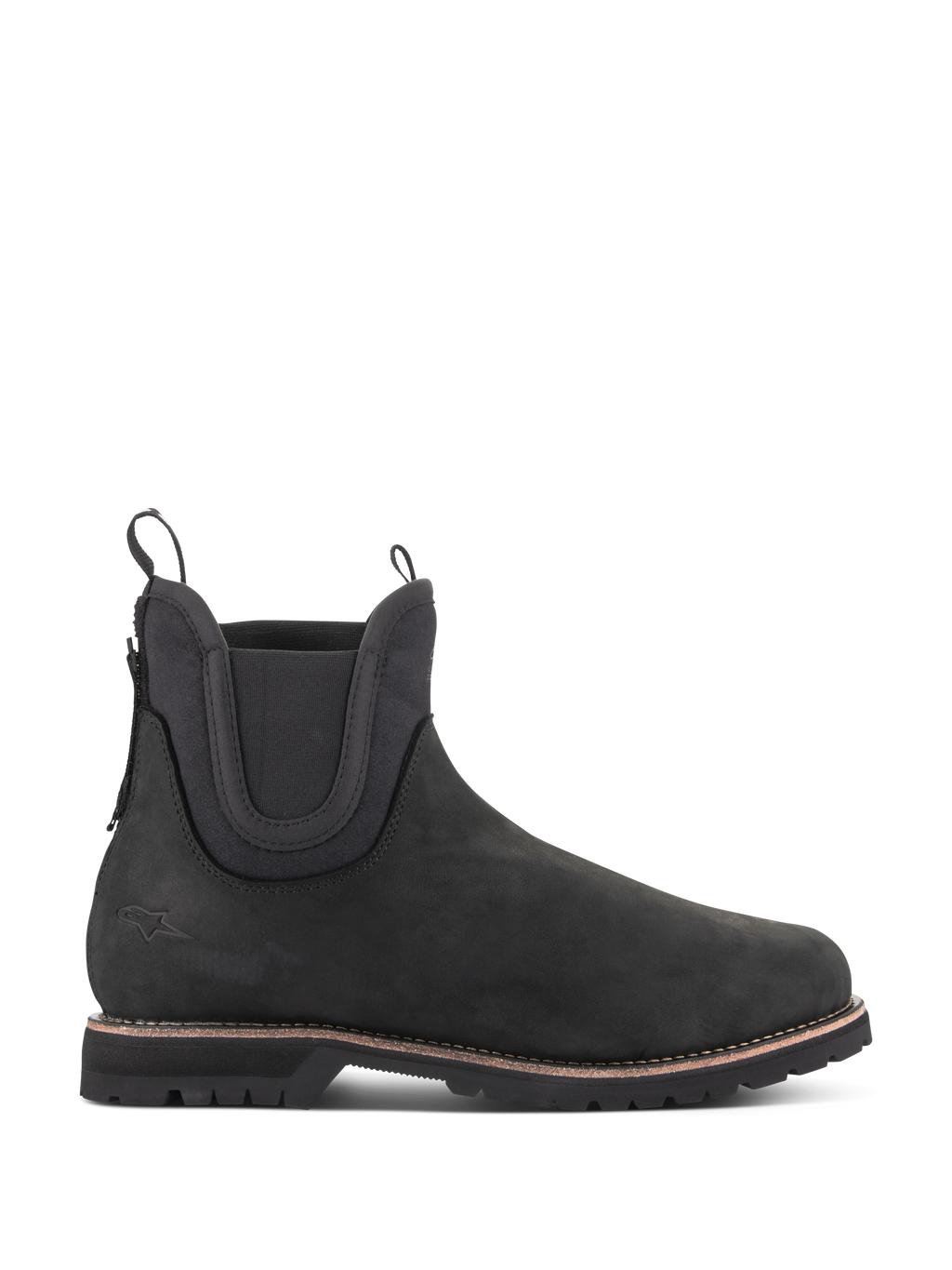 Alpinestars Turnstone Shoes en color negro, botines de moto estilo Chelsea, piel de vaca mate con paneles laterales elásticos, suela gruesa con detalle de vira marrón, dos tiradores, calzado de protección para conducción urbana