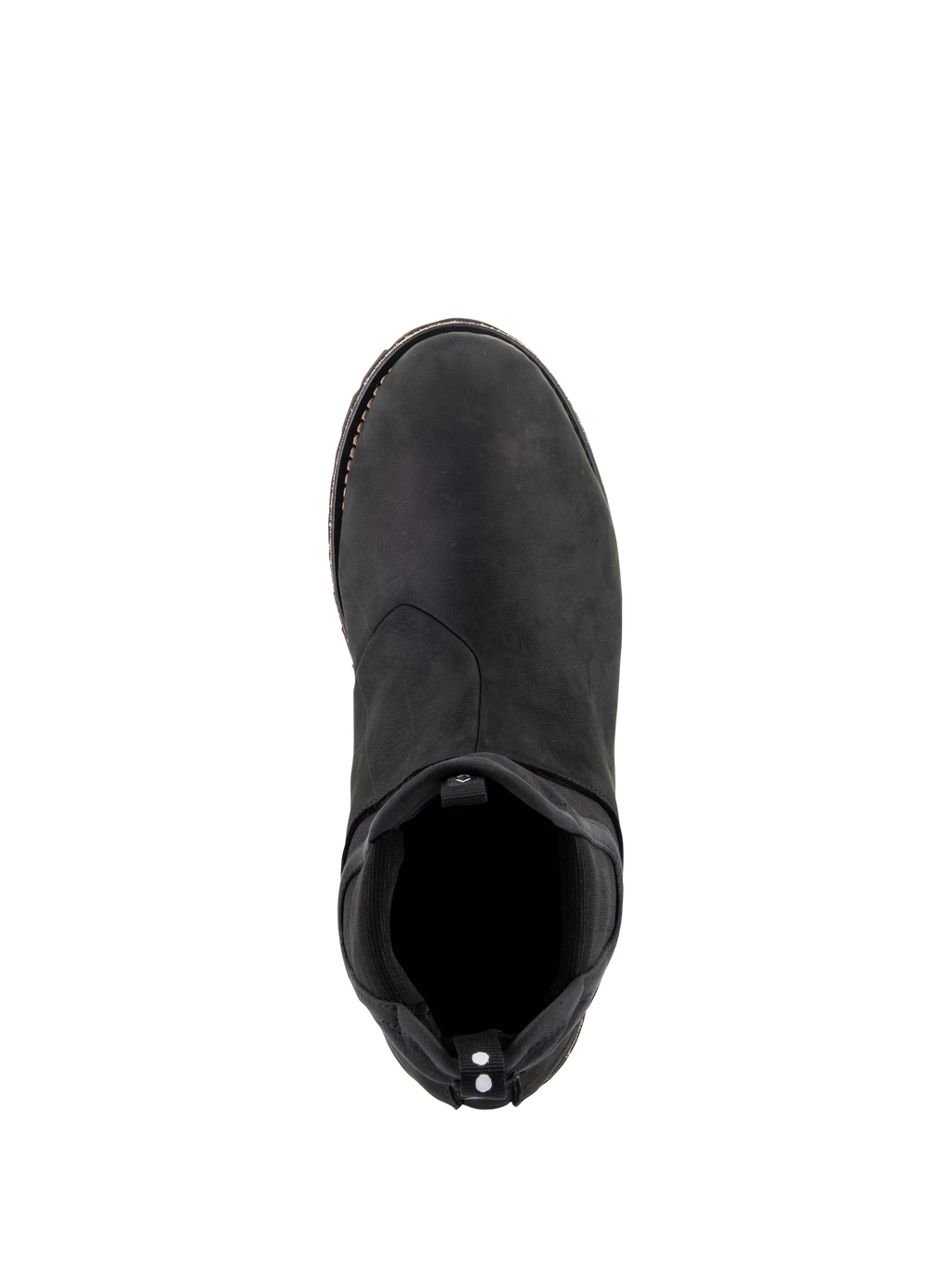Alpinestars Turnstone Shoes, color negro, vista superior de un calzado de cuero bovino para moto urbana con entrada elástica tipo Chelsea y tirador trasero con puntos blancos, calzado protector minimalista para uso en carretera.