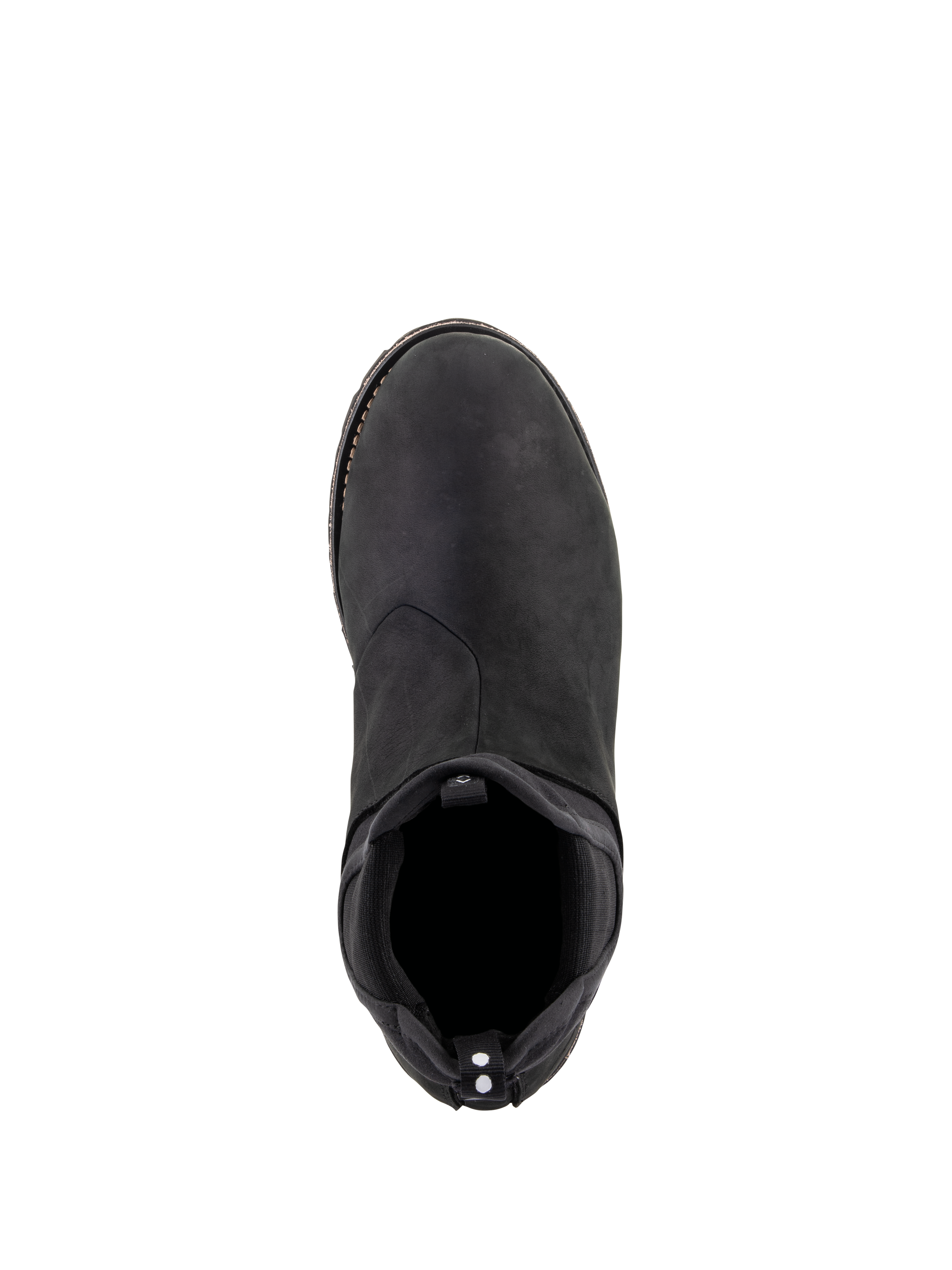 Alpinestars Turnstone Shoes, color negro, vista superior de un calzado de cuero bovino para moto urbana con entrada elástica tipo Chelsea y tirador trasero con puntos blancos, calzado protector minimalista para uso en carretera.