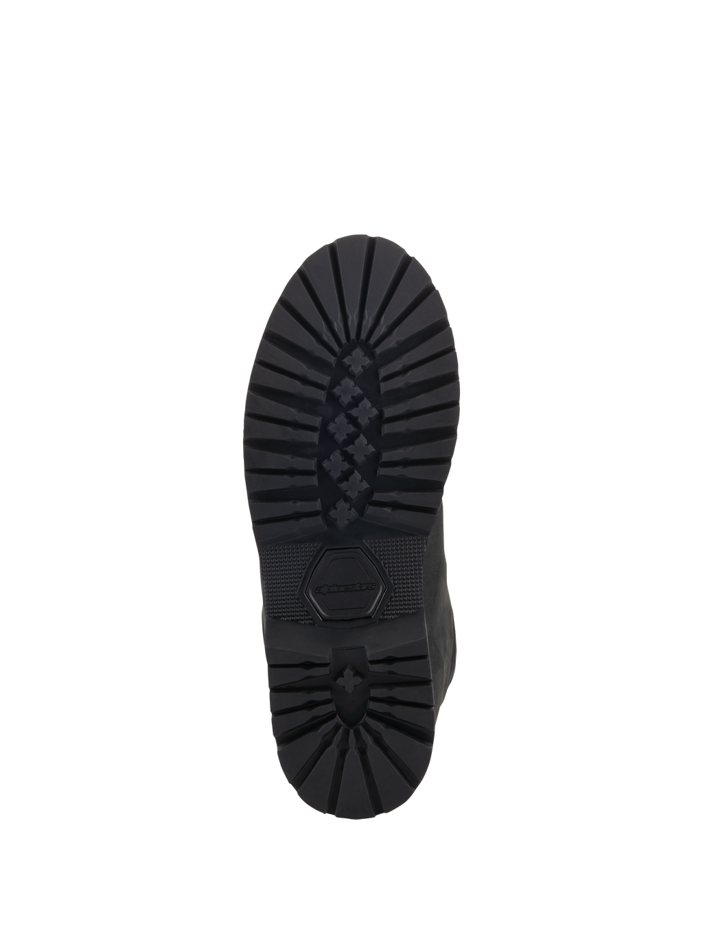 Zapatos Alpinestars Turnstone, negros, vista inferior de la robusta suela de goma con dibujo profundo de patrón de estrella y logotipo de Alpinestars grabado, calzado duradero para conducción urbana en motocicleta