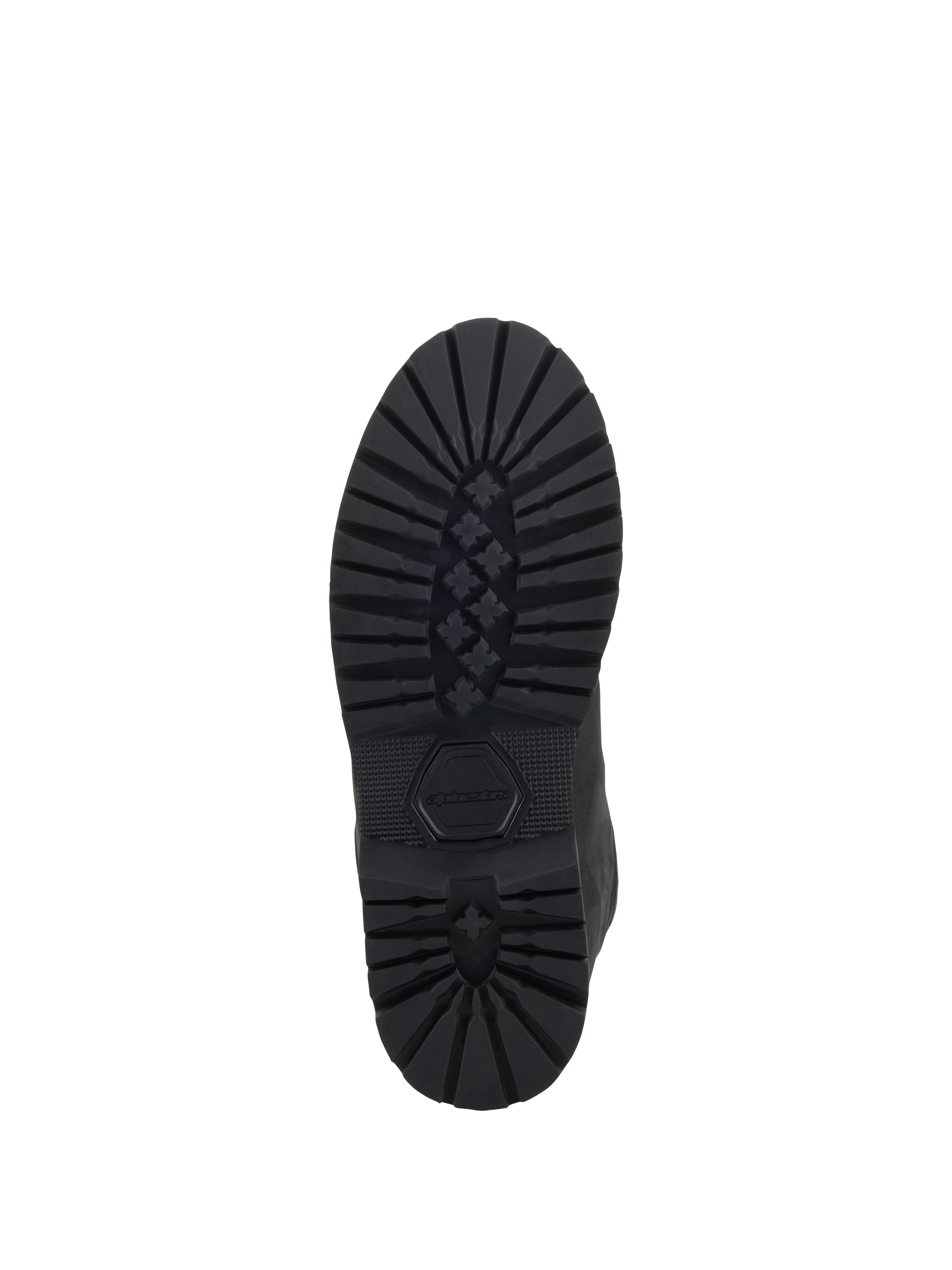 Zapatos Alpinestars Turnstone, negros, vista inferior de la robusta suela de goma con dibujo profundo de patrón de estrella y logotipo de Alpinestars grabado, calzado duradero para conducción urbana en motocicleta