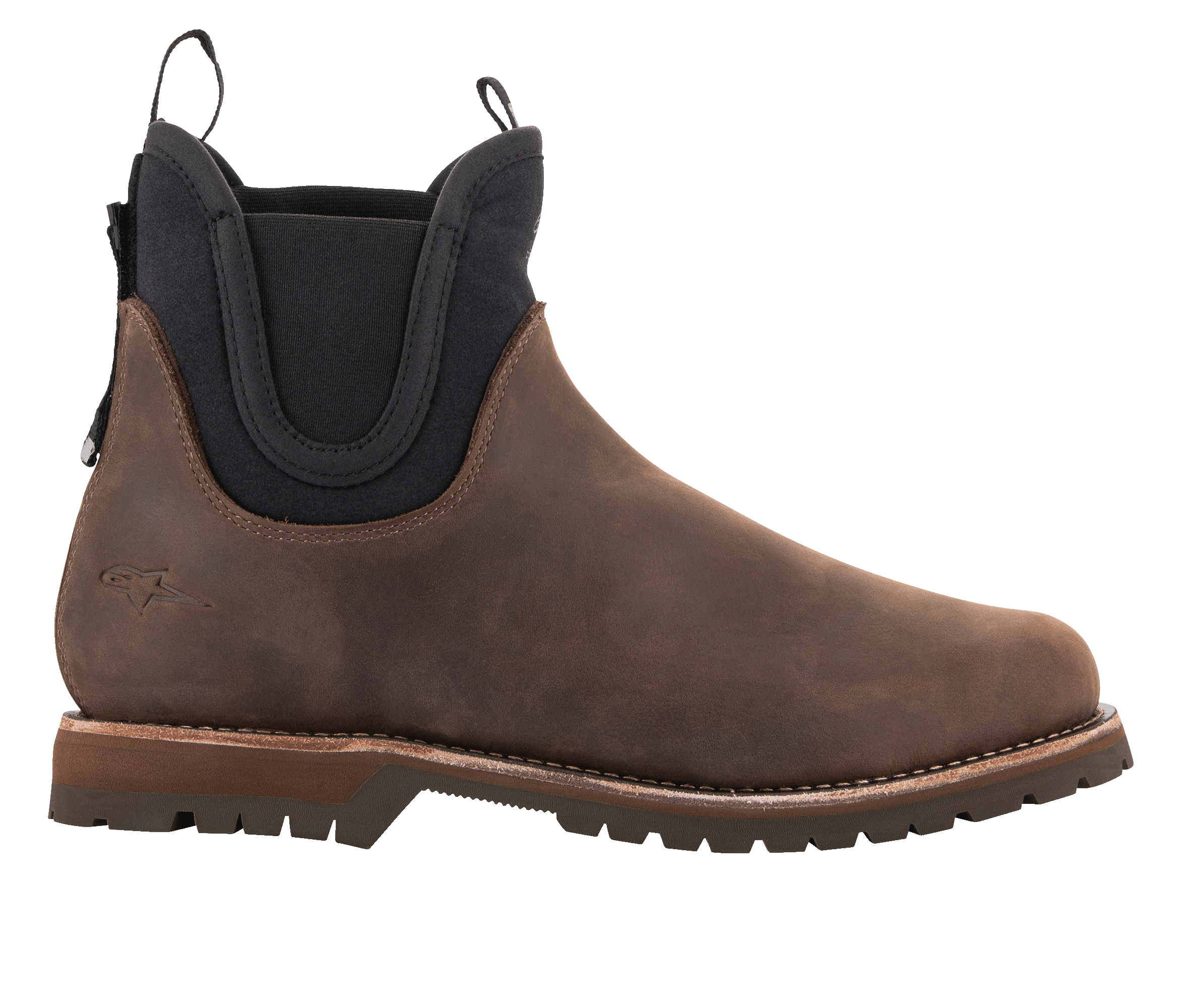 Zapatos Alpinestars Turnstone, botas Chelsea de cuero marrón chocolate, calzado urbano para motocicleta, paneles laterales elásticos negros, suela con dibujo resistente, silueta clásica