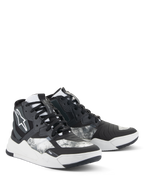 Zapatos Alpinestars Speedflight, calzado para motociclismo, negro, gris y blanco, con un patrón jaspeado, diseño de zapatilla de caña alta con paneles reforzados, logotipo blanco de Alpinestars y suela de goma duradera