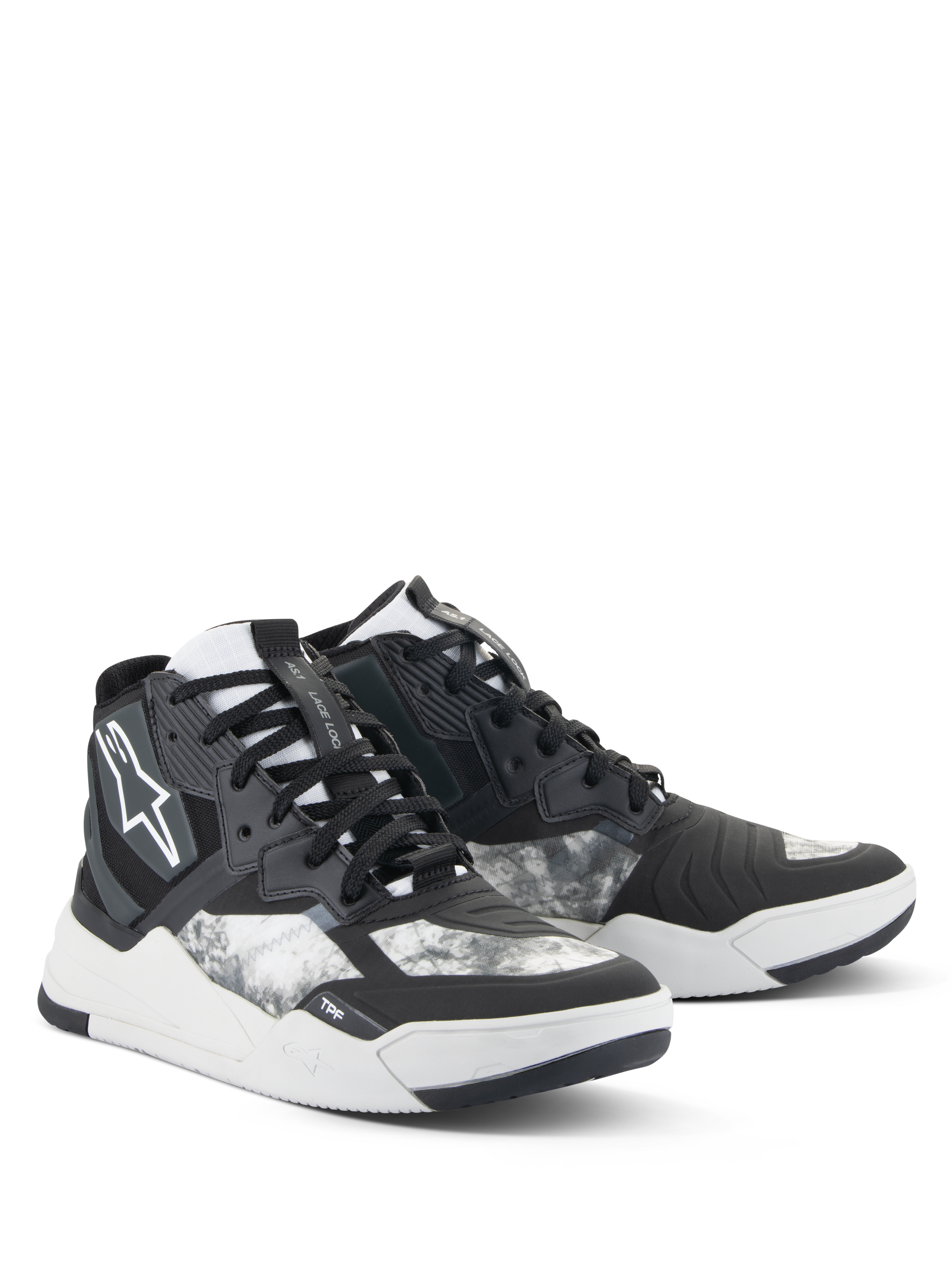 Zapatos Alpinestars Speedflight, calzado para motociclismo, negro, gris y blanco, con un patrón jaspeado, diseño de zapatilla de caña alta con paneles reforzados, logotipo blanco de Alpinestars y suela de goma duradera